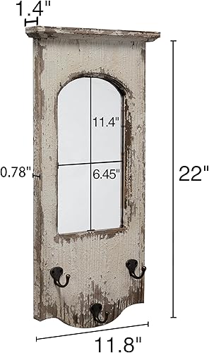 Miniatura 2 de Espejos rústicos de pared arqueados para entrada con 3 ganchos de metal de 12 x 22 pulgadas, para colgar con marco de madera blanca envejecida,