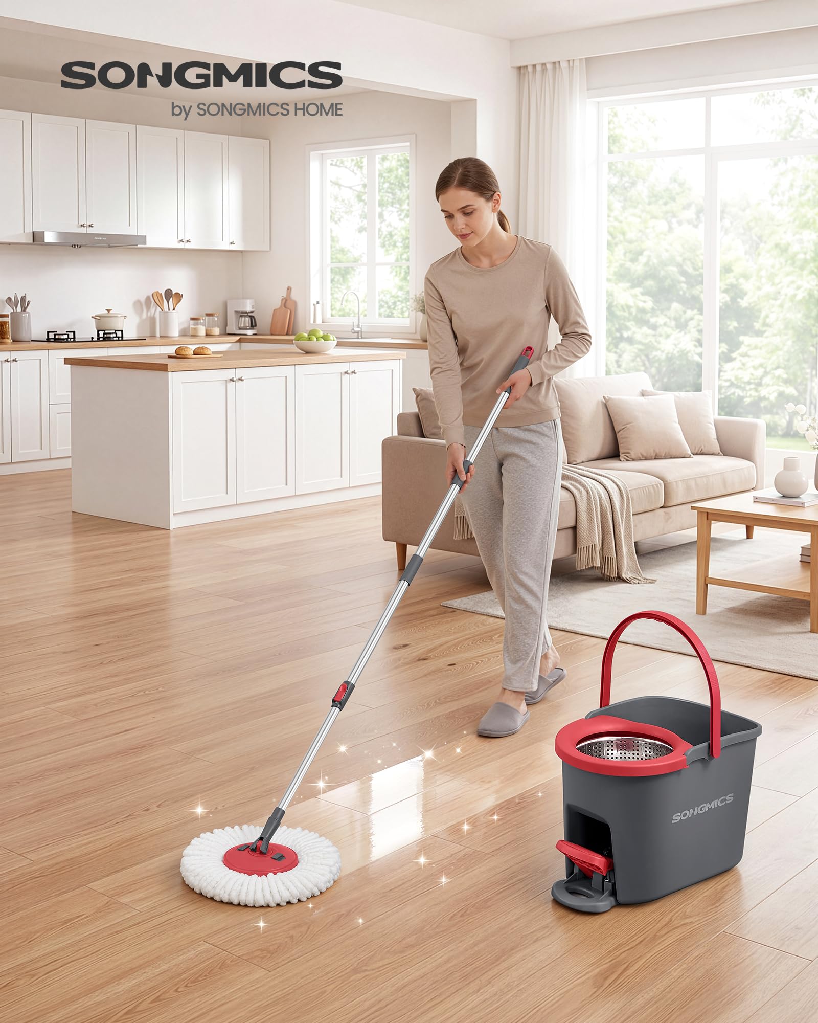 SONGMICS Mop Obrotowy z Wiadrem, z 2 Wkładami z Mikrofibry | Zestaw do Sprzątania, Stal Nierdzewna, 44 x 29 x 27,8 cm, Szary i Czerwony, Kolekcja CLEMAX LMB002GT02
