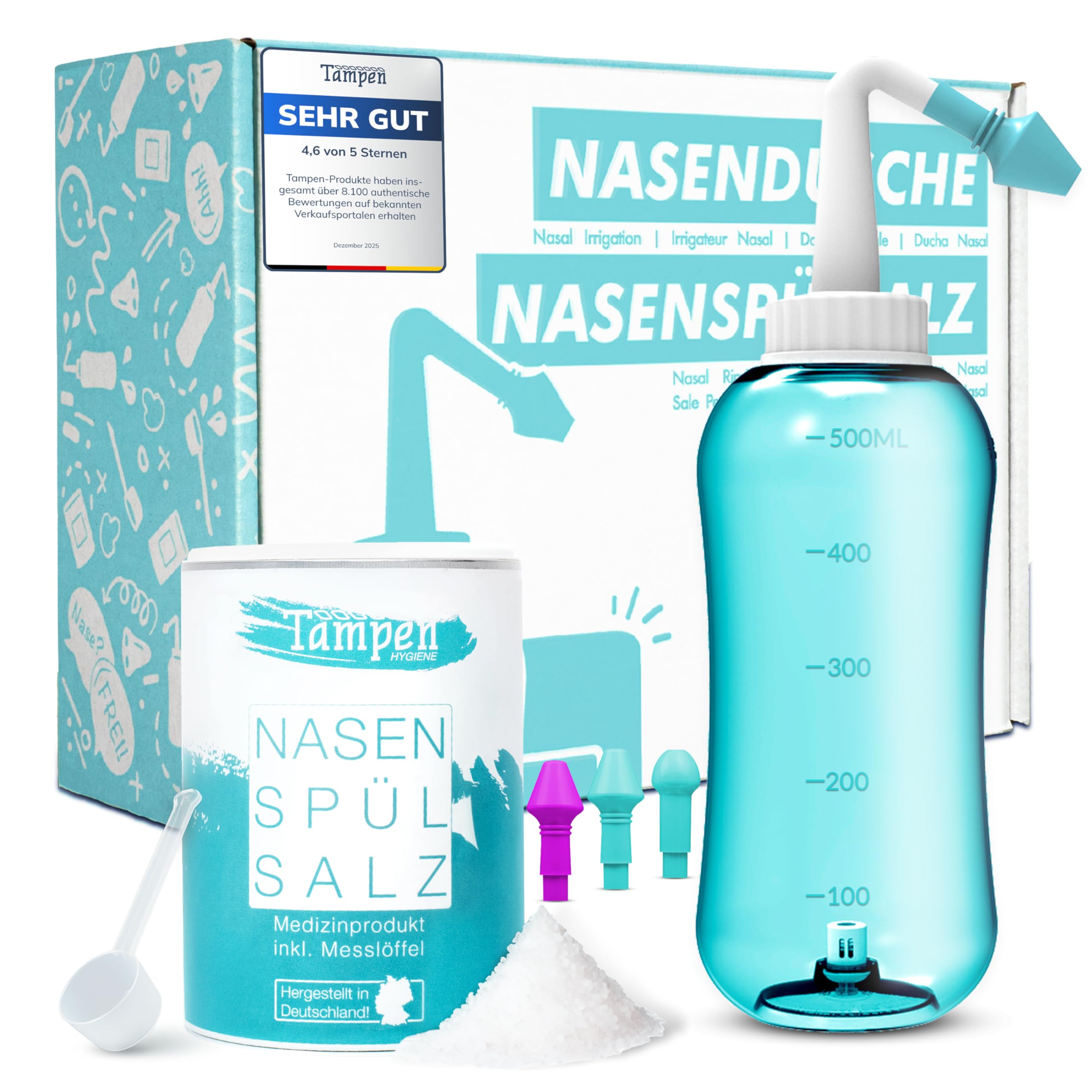 Tampen Nasendusche Erwachsene & Kinder – inkl. 120x Premium Nasenspülsalz (300g), Messlöffel & 3 Aufsätze – Nasenspülkanne - Nasenspülung mit Nasensalz für schonende Nasenreinigung - Nasal Rinse