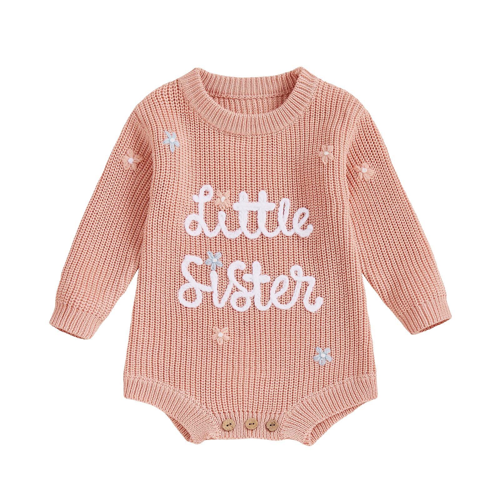 Baby Girl Sweater Little Sister Flower Embroidery Long Sleeve Crew Neck Knitted Rompers Newborn Autumn Winter Bodysuits Girls Jumpsuit 0-12M