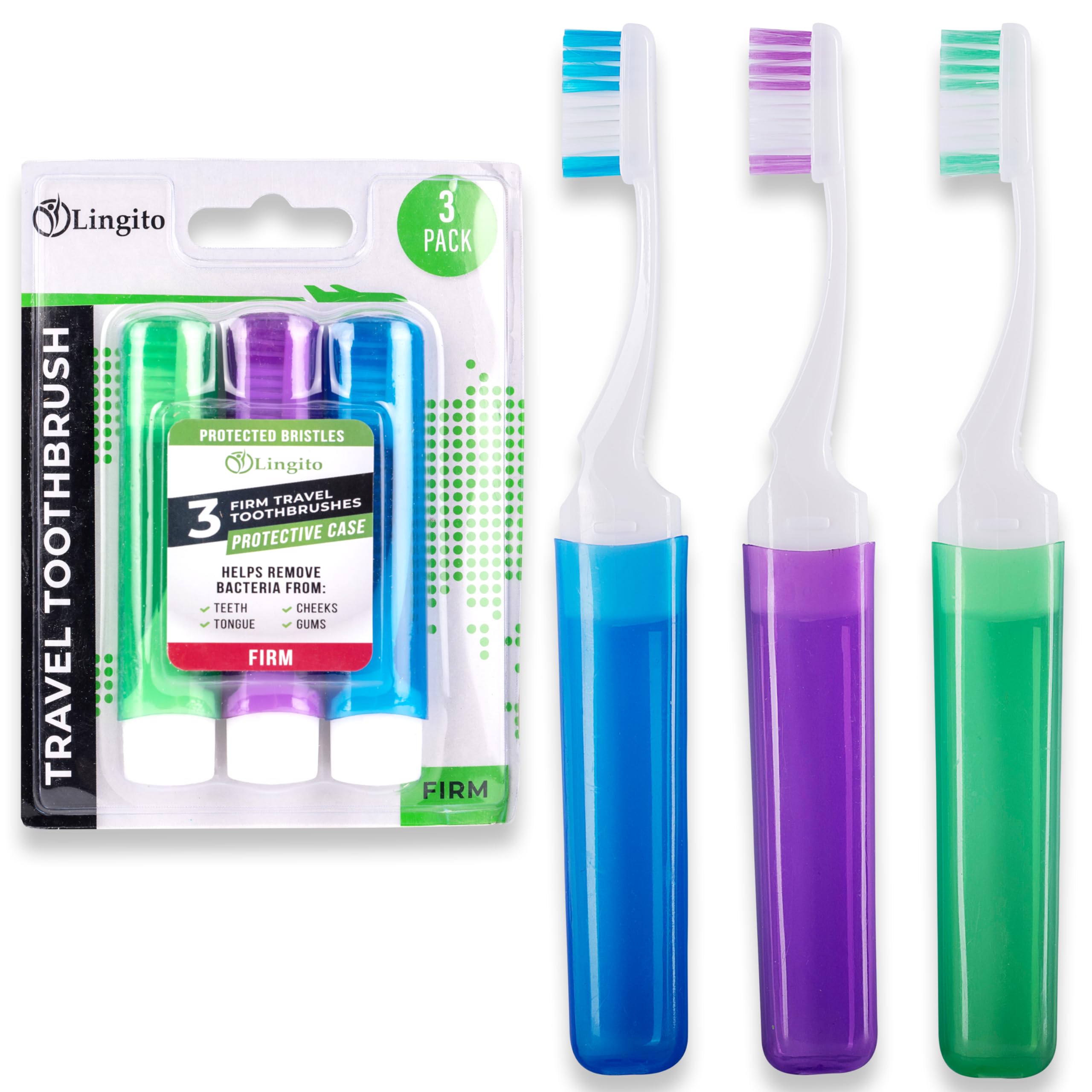 Lingito Mini Travel Toothbrushes with Cover - 3 Pack Firm, Portable, Adults Camping Toothbrush Kit