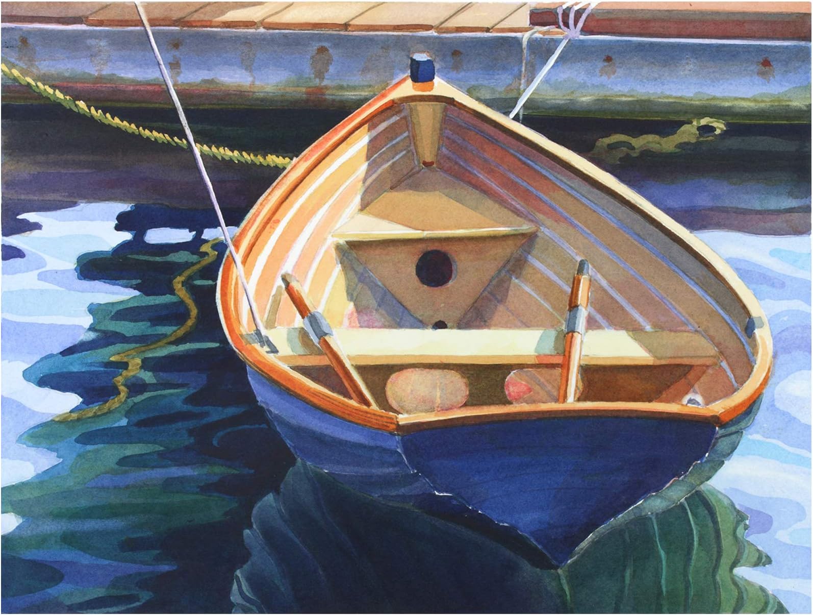 Blue Boat, a Nicely Painted Wooden Rowboat, 15 X 19 Inches