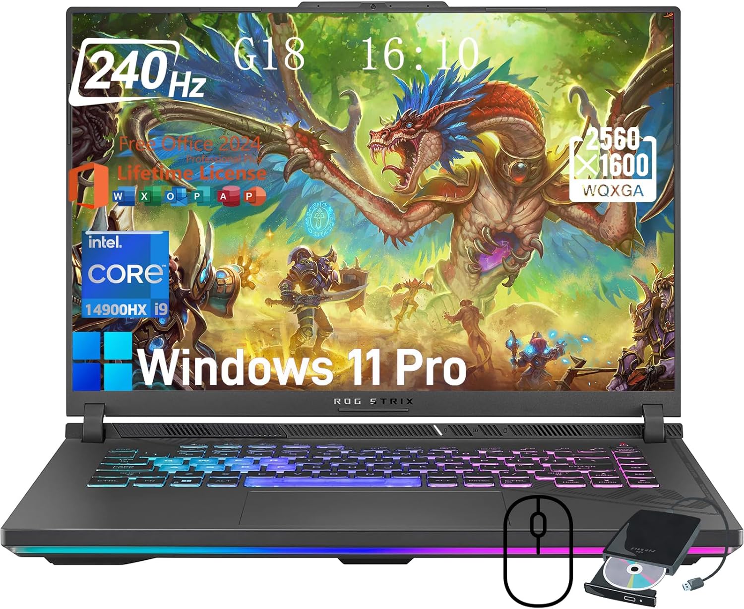 ASUS ROG Strix G18 Gaming Laptop, with Office 2024 Lifetime, 18″ 2.5K 16:10 240Hz Display, Intel 24 Core i9-14900HX(Up to 5.8 GHz), RTX 4060, 64GB DDR5, 4TB SSD, Backlit Keyboard, Windows 11 Pro
