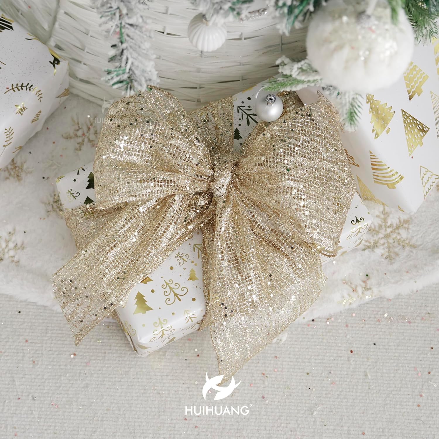 HUIHUANG Champagne Wired Ribbon 6 inch Wide Champagne Gold Glitter Christmas Tree Ribbon Mesh Ribbon for Tree Decorations, Garlands, Large Bows, Wreaths, Large Box Wrapping- Continuous 10 Yards