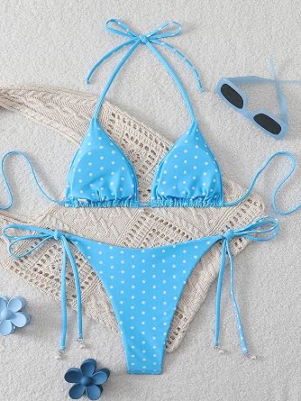 Tainehs Women's Polka Dot Triangle Bikini Set Halter Neck Tie Side Two Piece Swimsuits with Pearl Details Bathing Suit