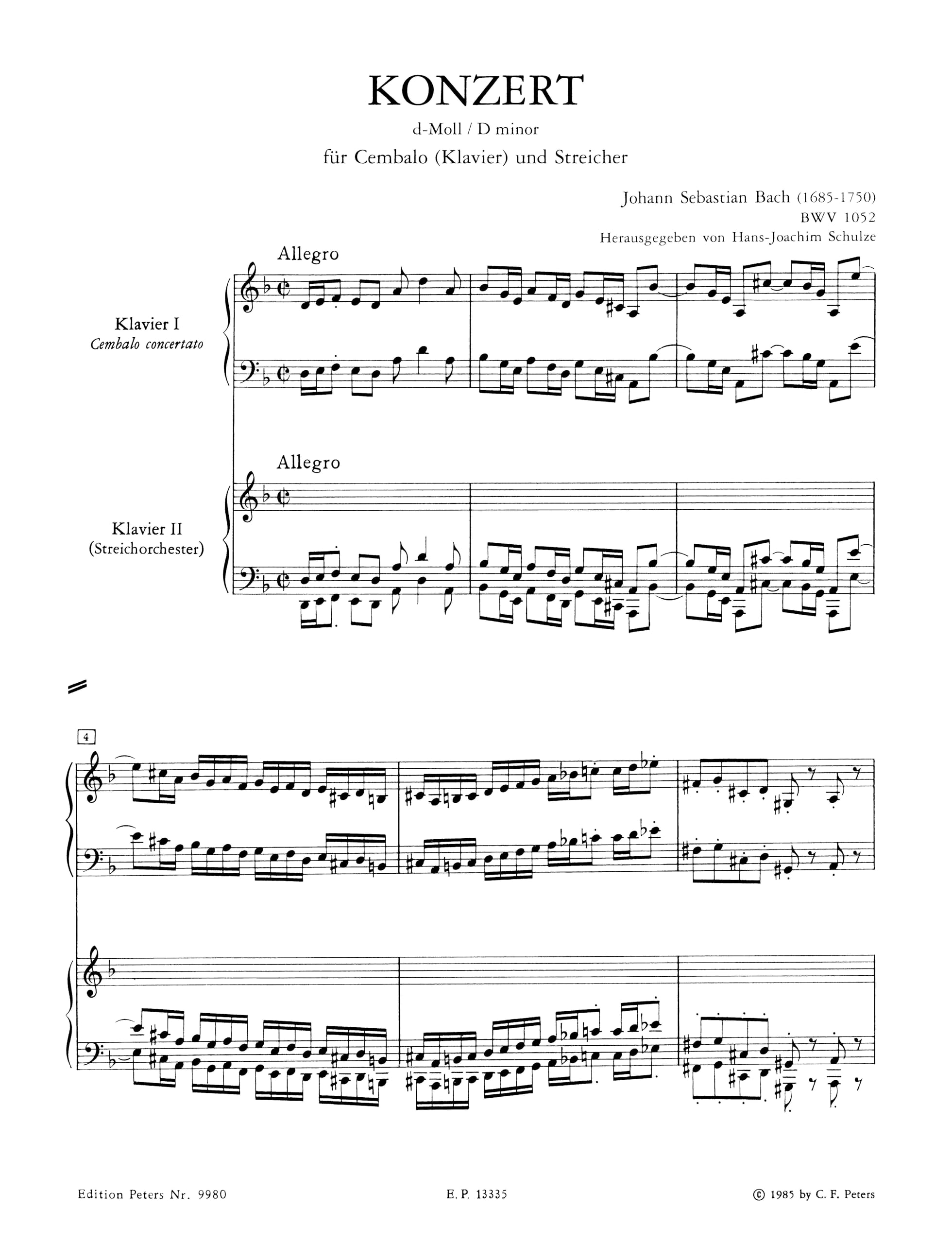 Keyboard Concerto No. 1 in D Minor Bwv 1052 Edition for 2 Pianos: Edition for 2 Pianos