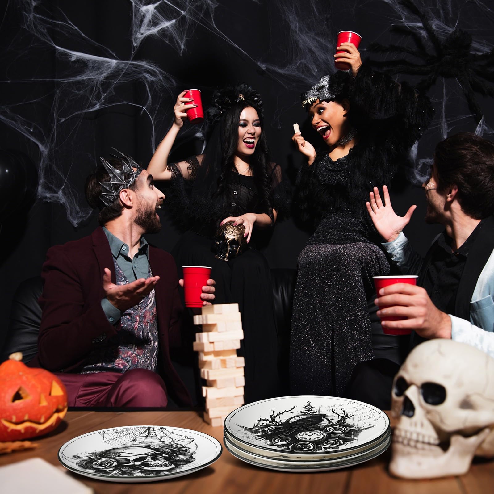 Vesici 4 Stück Halloween Gothic Geschirr Halloween Muster Keramik Teller Gothic Geschirr Set Schädel Speiseteller Küche Dekoration Gruseliges Geschenk für Zuhause Deko