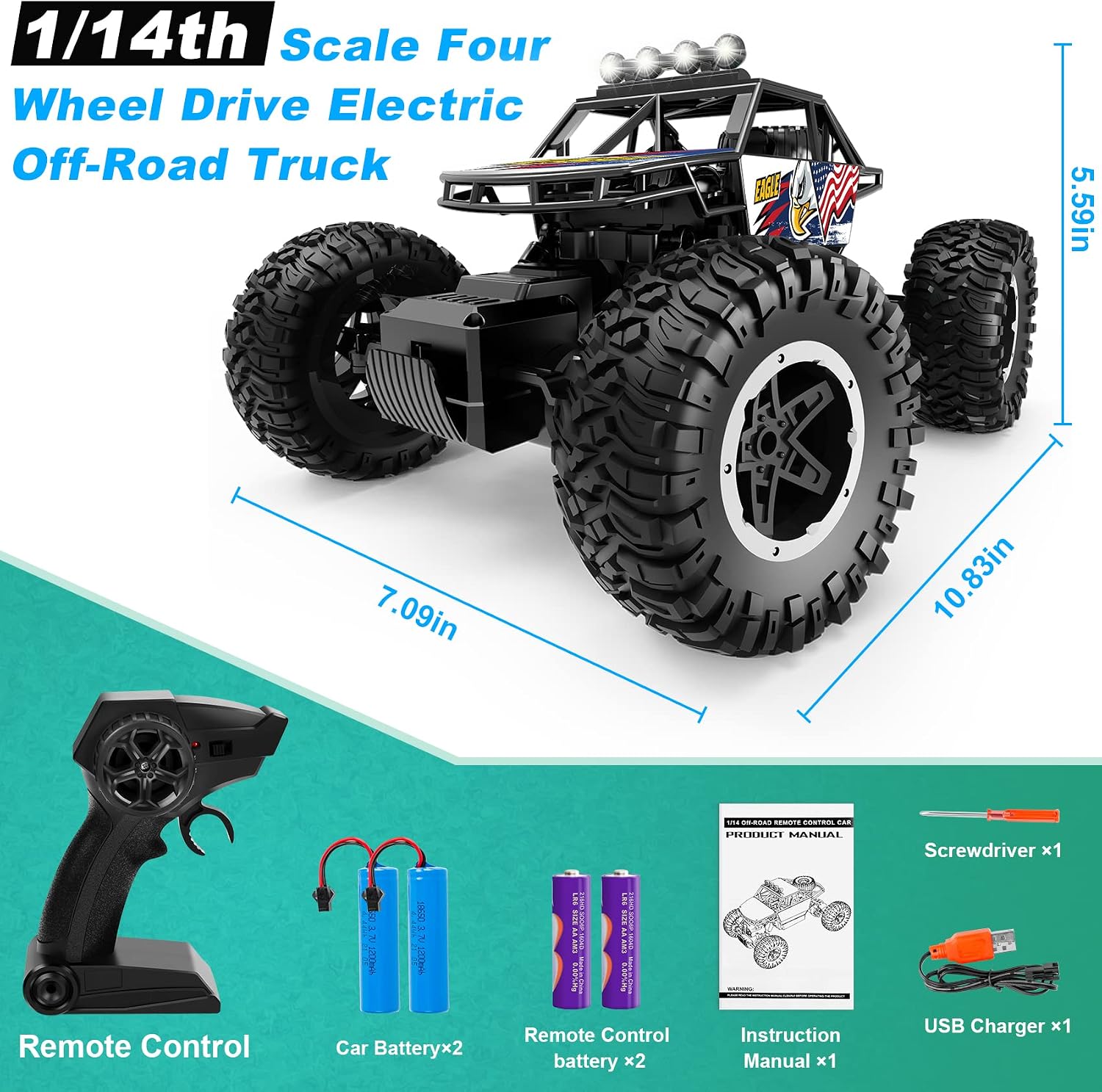 Remote Control Car 1:14 Scale All Terrain Off Road Monster Truck RC Cars 4WD Electric Vehicle with 2.4 GHz Remote Control,2 Batteries for 90 Minutes Running Time