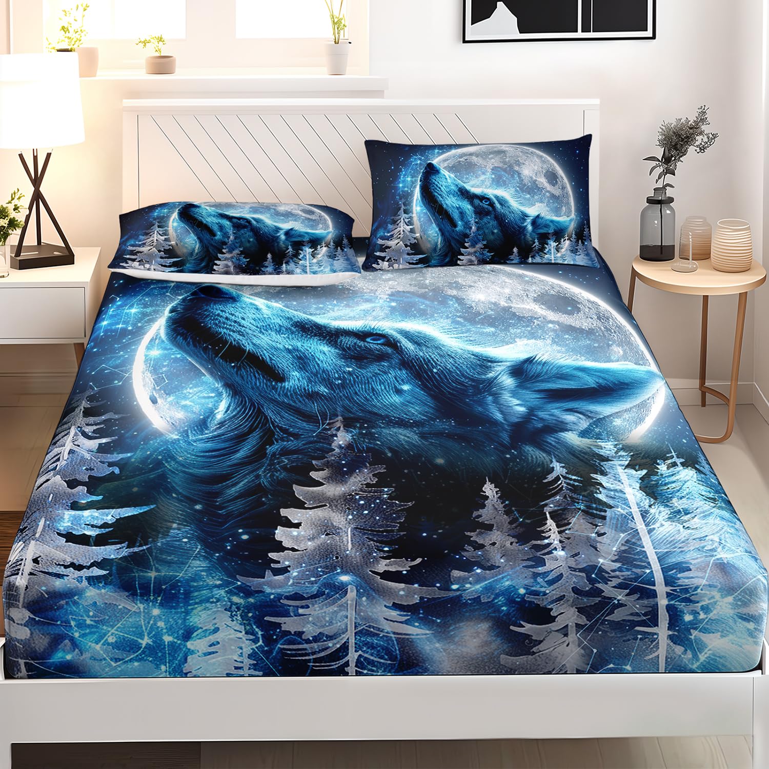 AILONEN Boys Twin Bed Sheet Set - Starry Moon Wolf Printed Fitted Sheet with 2 Pillowcases, 3Pcs