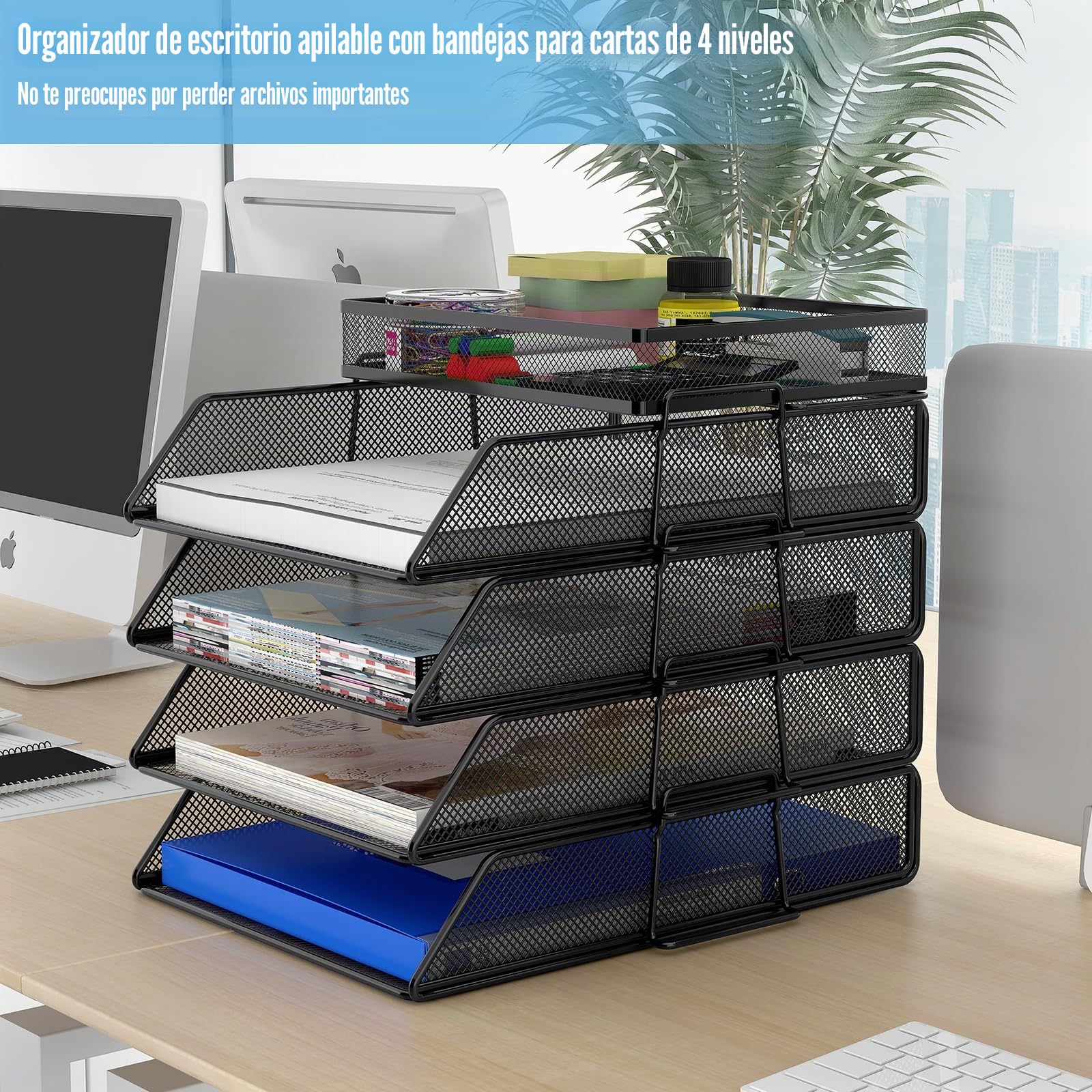 TQVAI 4 Niveles Organizador Escritorio Bandejas para Cartas Oficina A4 Papeles, Organizador Documentos Revistero Archivador Material Oficina y Papeleria, Negro