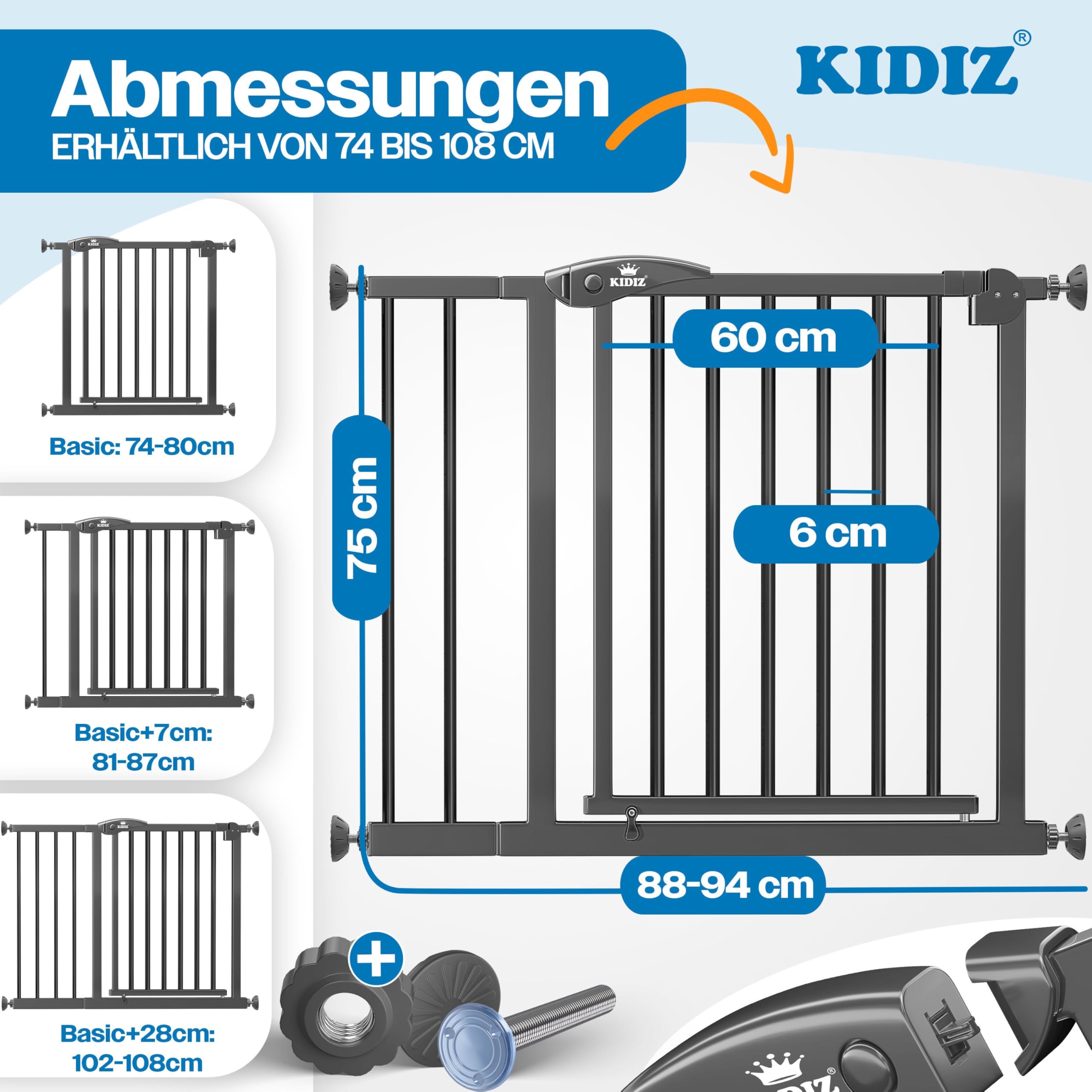 KIDIZ Treppenschutzgitter ohne Bohren 88-94 cm 75 cm hoch Anthrazit