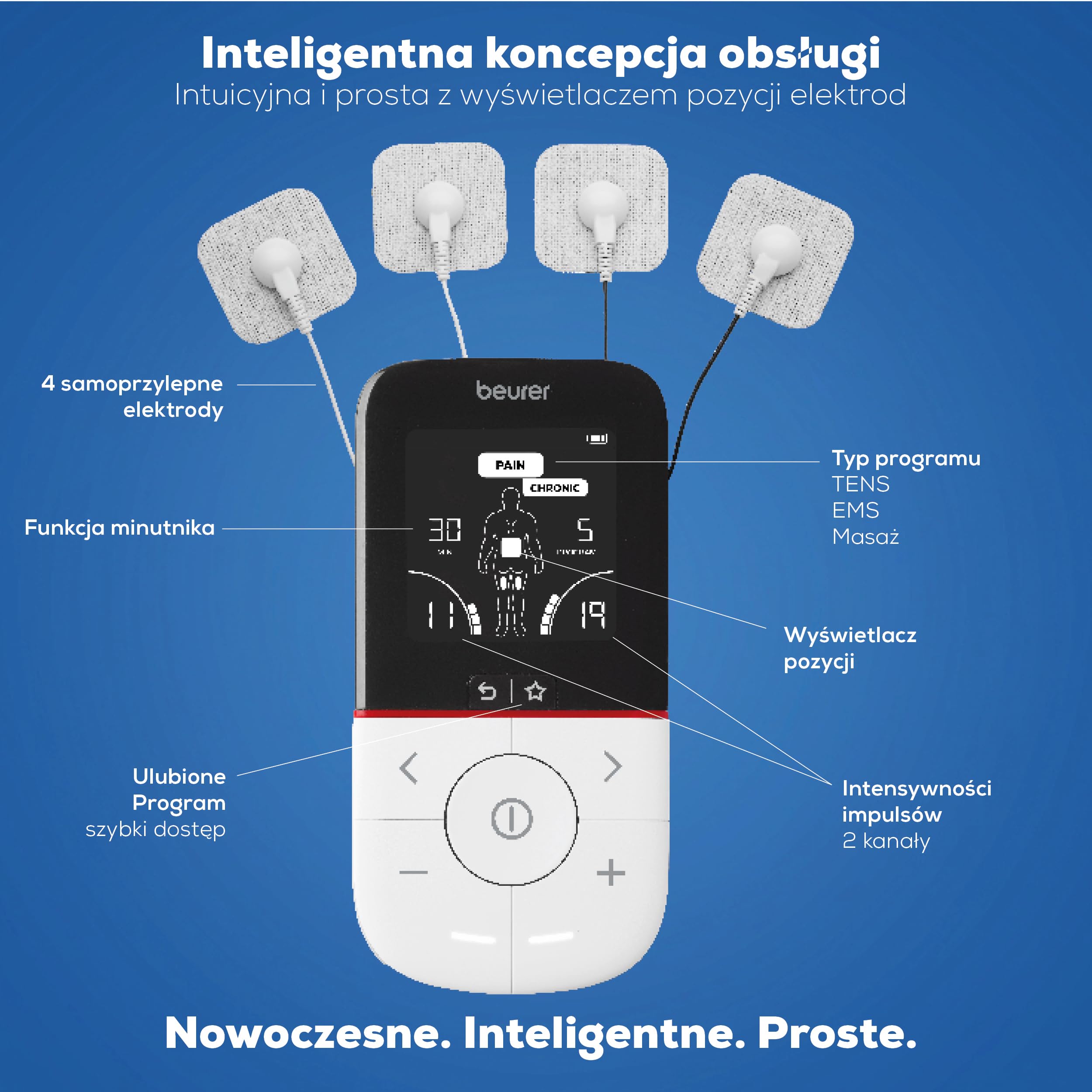 Beurer EM 56 Cyfrowy TENS/EMS, elektrostymulator 3 w 1 do łagodzenia bólu bez leków poprzez elektryczną stymulację nerwów, trening mięśni, funkcja masażu, 22 programy, w zestawie 4 elektrody