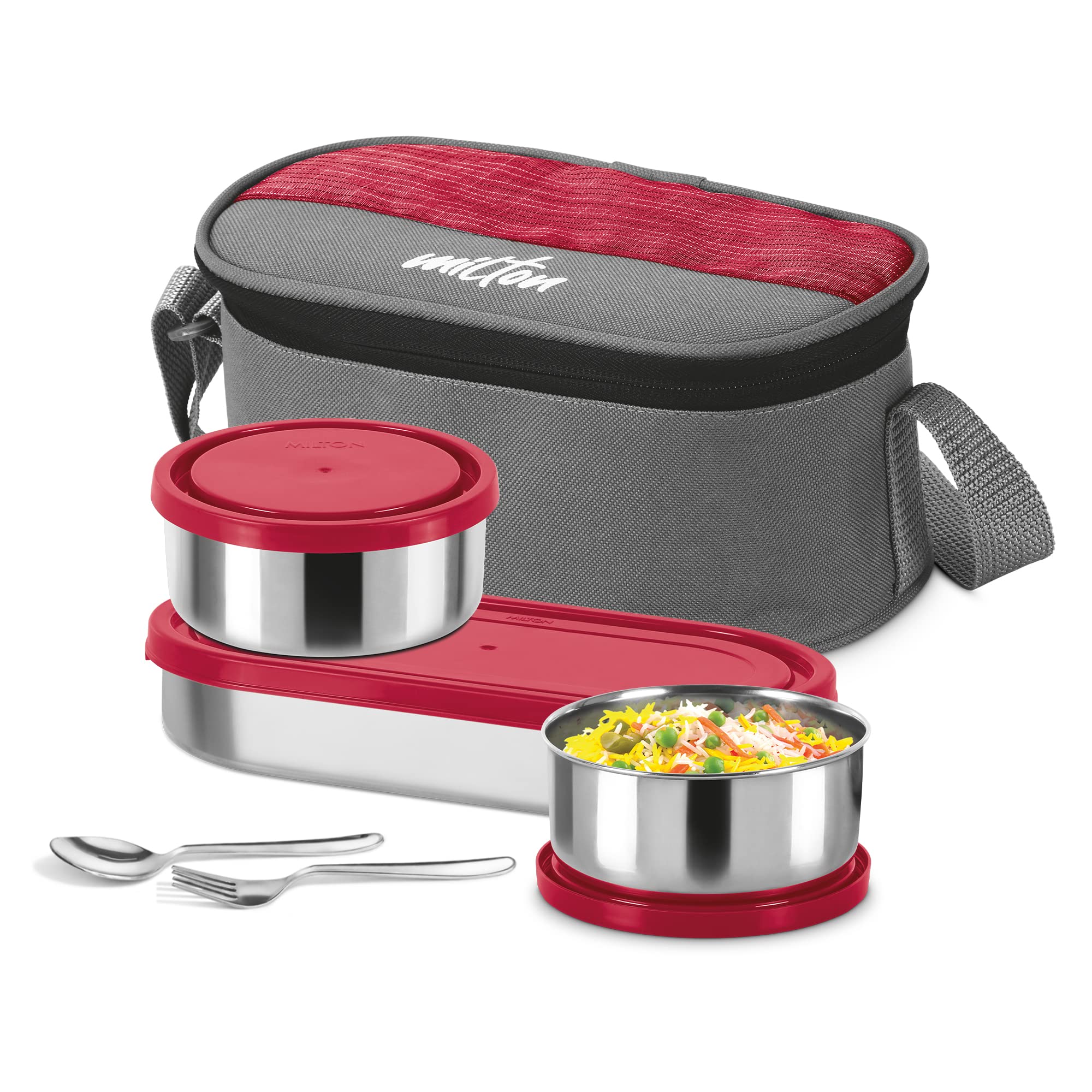 MILTON Master Lunch Box with Insulated Fabric Jacket, 3 Containers (1 Oval Stainless Steel 450 ml, 2 Stainless Steel 280 ml Each Spoon & Fork), Leak-Proof Tiffin for Office, School, College, Red (B0C6PY8L2M) Amazon Price History, Amazon Price Tracker