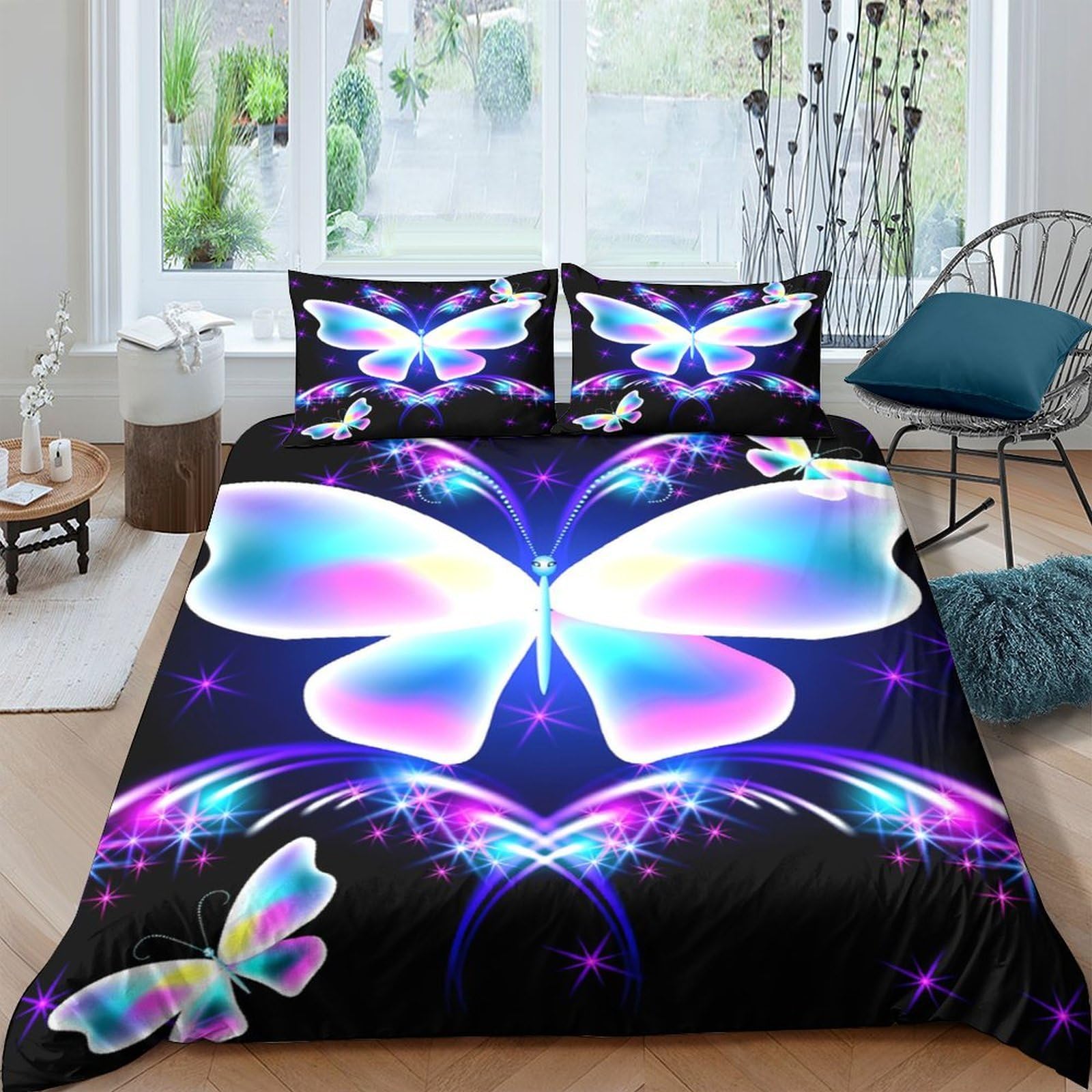 Ctjqhvkz Style-6 3D Printed Neon Butterfly Fitted Sheet Microfiber Soft Vibrant Dreamy Glow Bed Cover For Bedroom Dorm Mattress Protector Single（135X200cm）