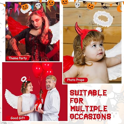 Vista 7 de Liliful Disfraz dual de alas de ángel diablo con diadema para niños y adultos, disfraces de Halloween con correas elásticas