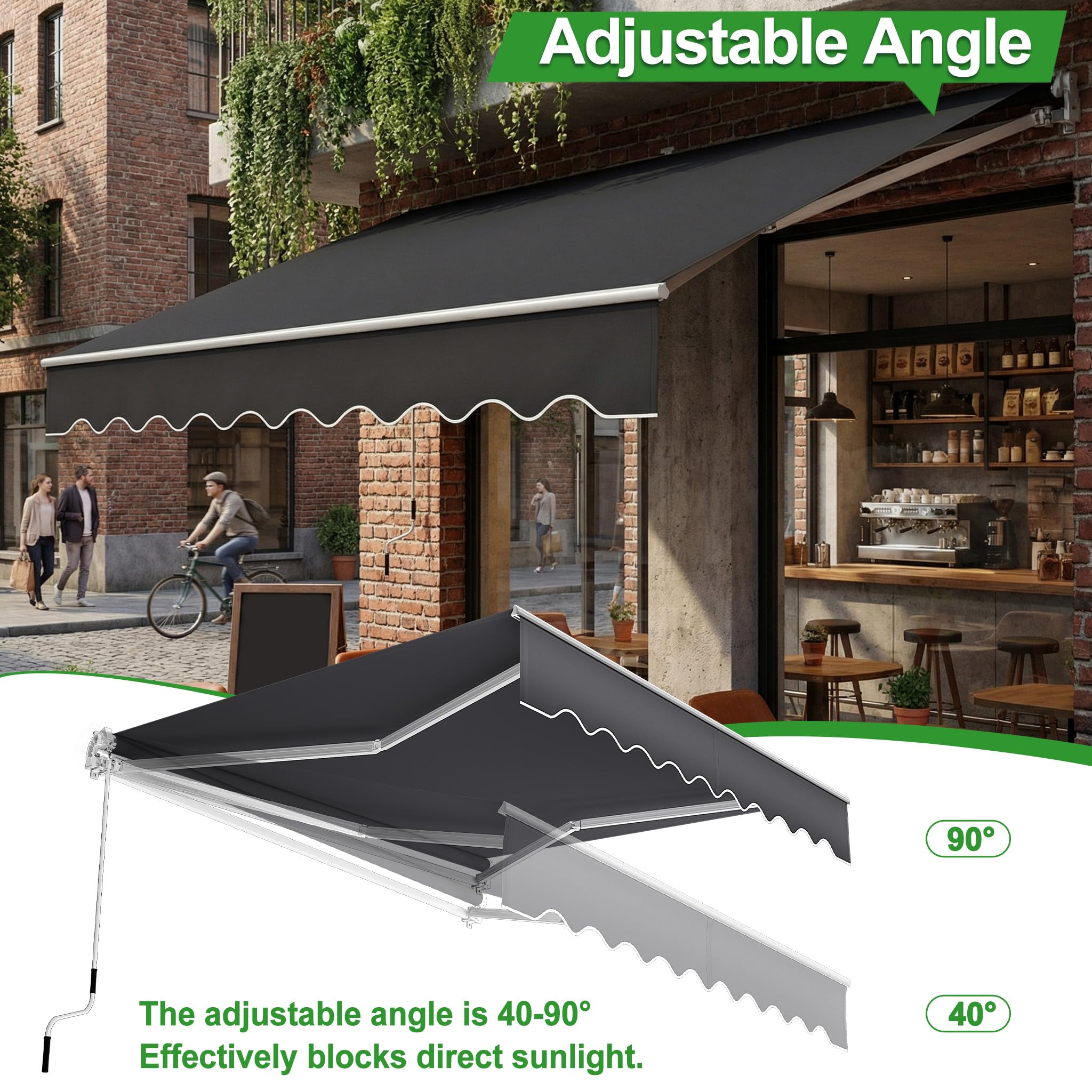 UISEBRT Tenda da sole per balcone, larghezza 300 cm, in alluminio, con braccio snodato in alluminio, protezione solare, a morsetto manuale, con manovella, impermeabile, grigio scuro (360 x 300 cm)