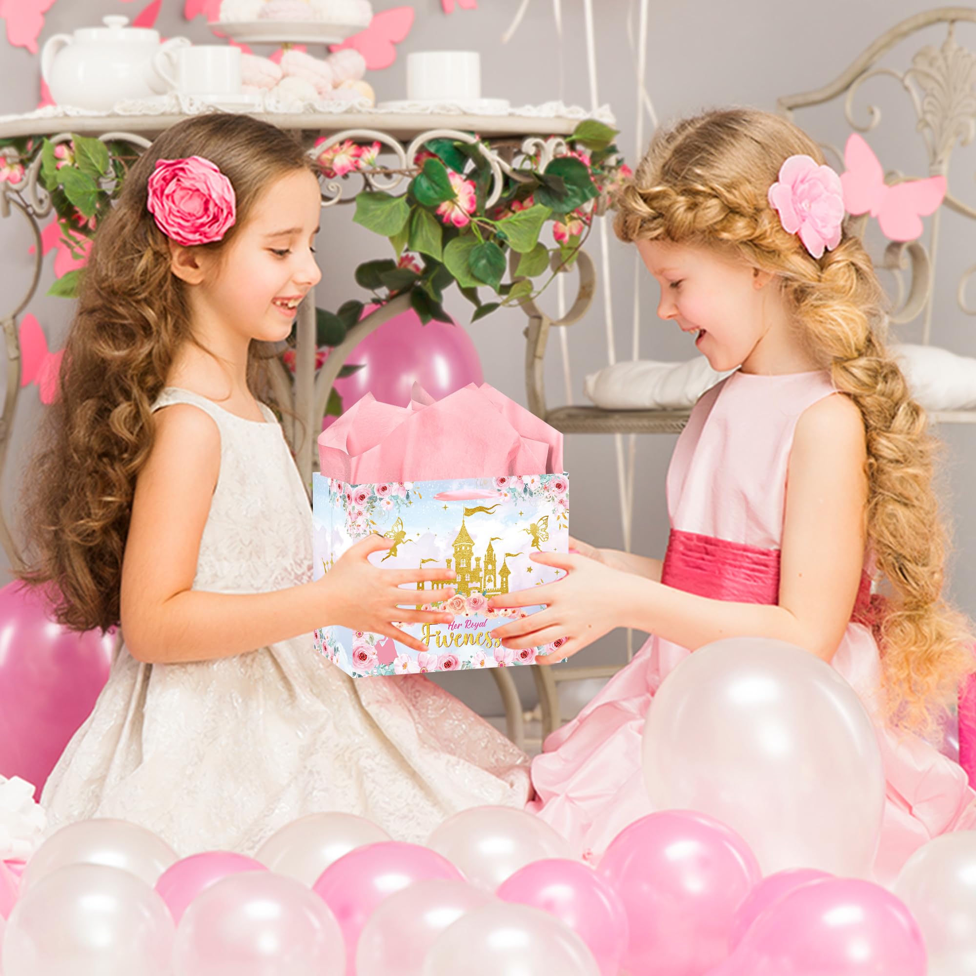 MOIZYNG Her Royal Fiveness Birthday Gift Bag, Pink Gold Castle Floral Princess 5th Birthday Gift Wrap Bags with Handles, Tissue Paper and Greeting Card for Girls 5 Year Old Party Favors Decorations