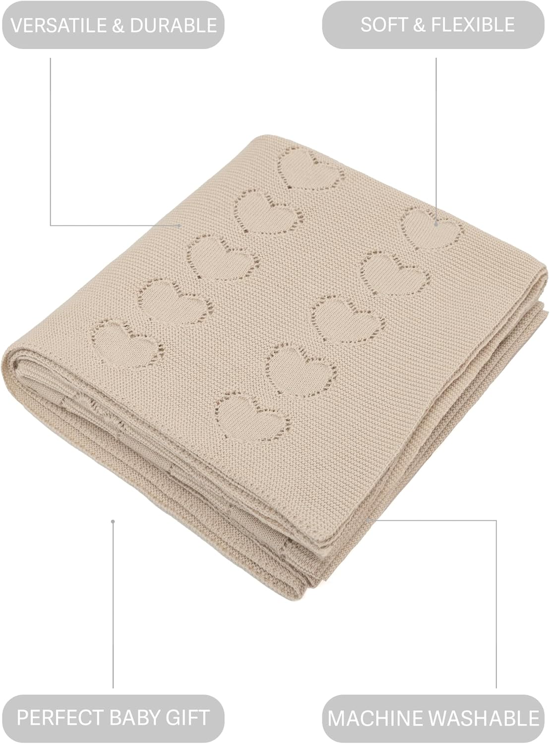 Lilax Swaddling Blanket for Baby Girl, 100% Luxury Cotton Knit Heart Baby Girl Blanket, Receiving Blanket for Newborns Infants & Toddlers 33.5''x31.5'', Beige