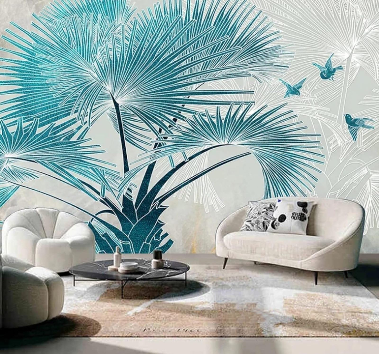 XLMING Fresh Three Dimensional Blue Palm Tree Birds 3D Wallpaper Luxury Home Dining Decor Paste Sofa Living Room The Wall for Bedroom Mural-400cm×280cm