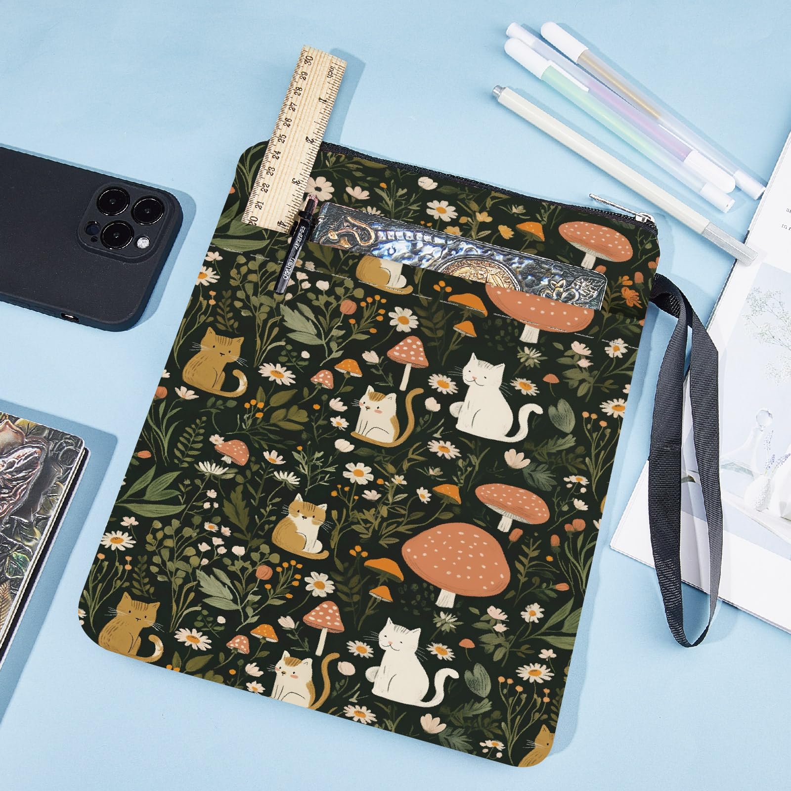 Copertina Per Libri Con Stampa Gatto E Fiori - Custodia Lavabile Con Cerniera E Tasca, 22x28cm - Foto 10