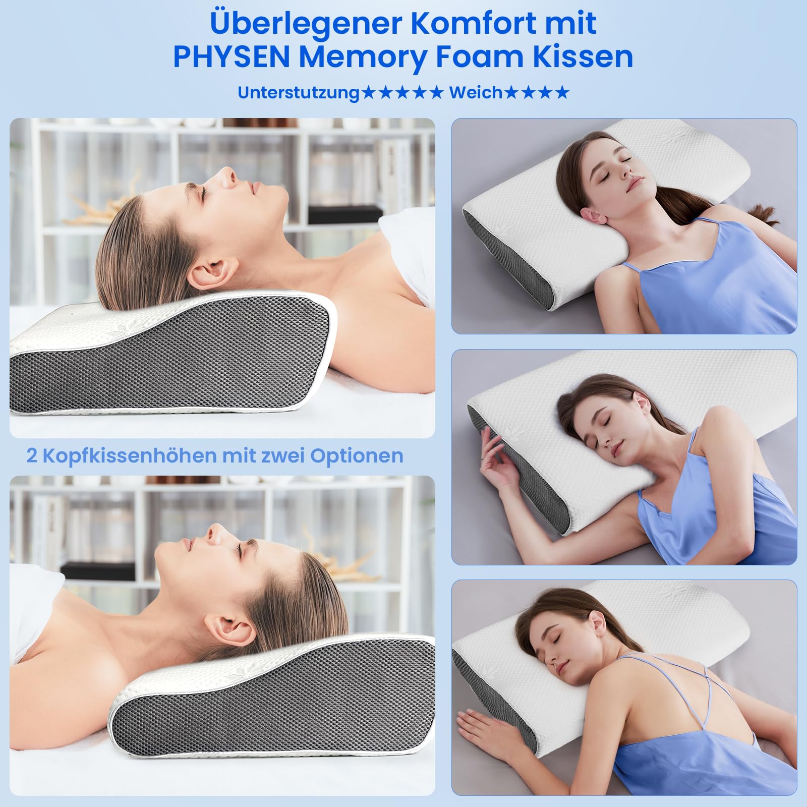 PHYSEN Almohada Cervical, 2 en 1 Almohada Cervical de Espuma Viscoelastica Ergonómica de Memoria Almohada Ortopedica, Almohada Cervicales para Personas Que Duermen de Lado, Espalda y estómagora