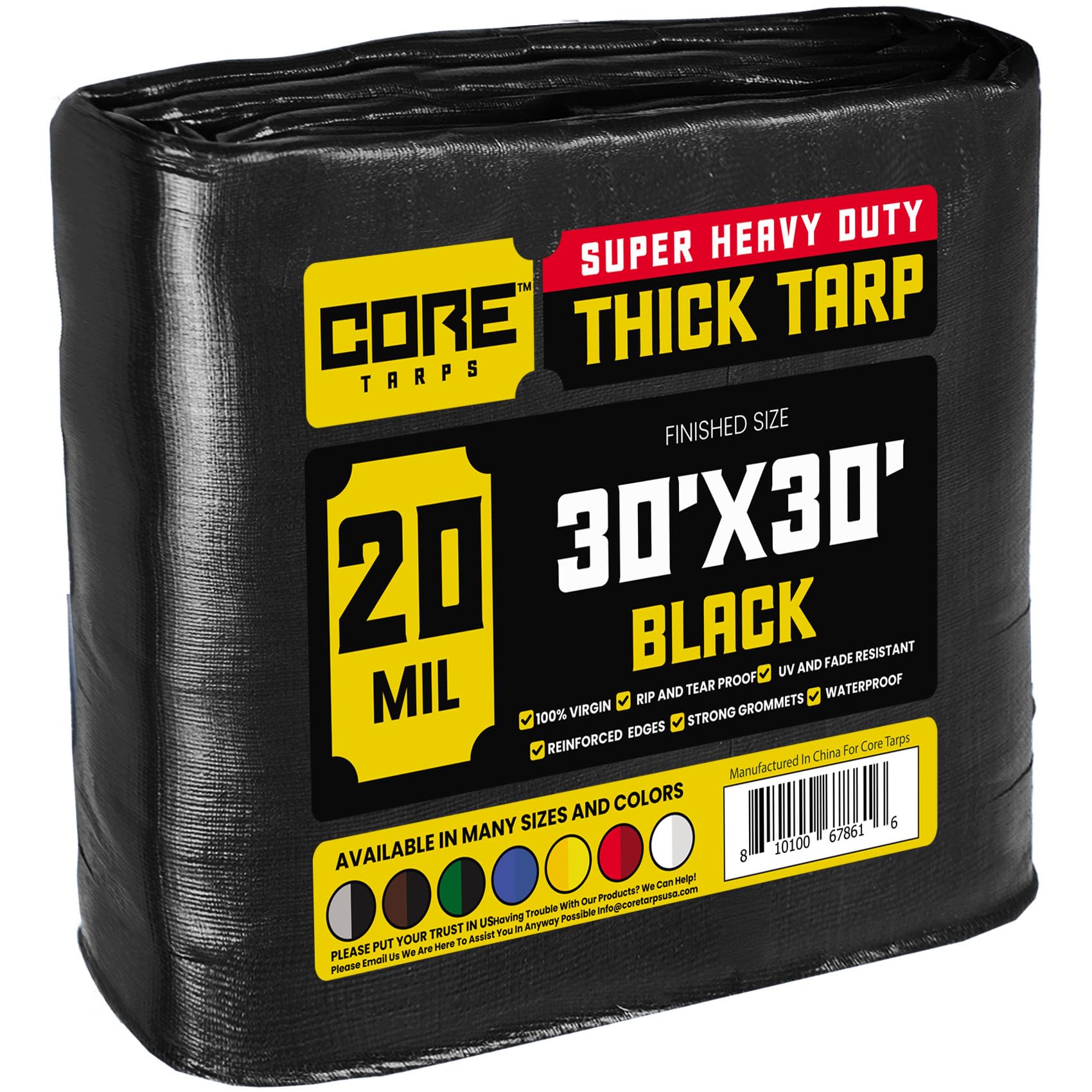Core Tarps Extreme Heavy Duty 20 Mil Tarp Cover, Waterproof, UV Resistant, Rip and Tear Proof, Poly Tarpaulin with Reinforced Edges for Roof, Patio, Pool, Boat (Black 30′ X 30′)