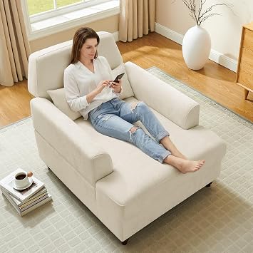 Oversized Chaise Lounge Chair with Adjustable Backrest, Chenille Beige