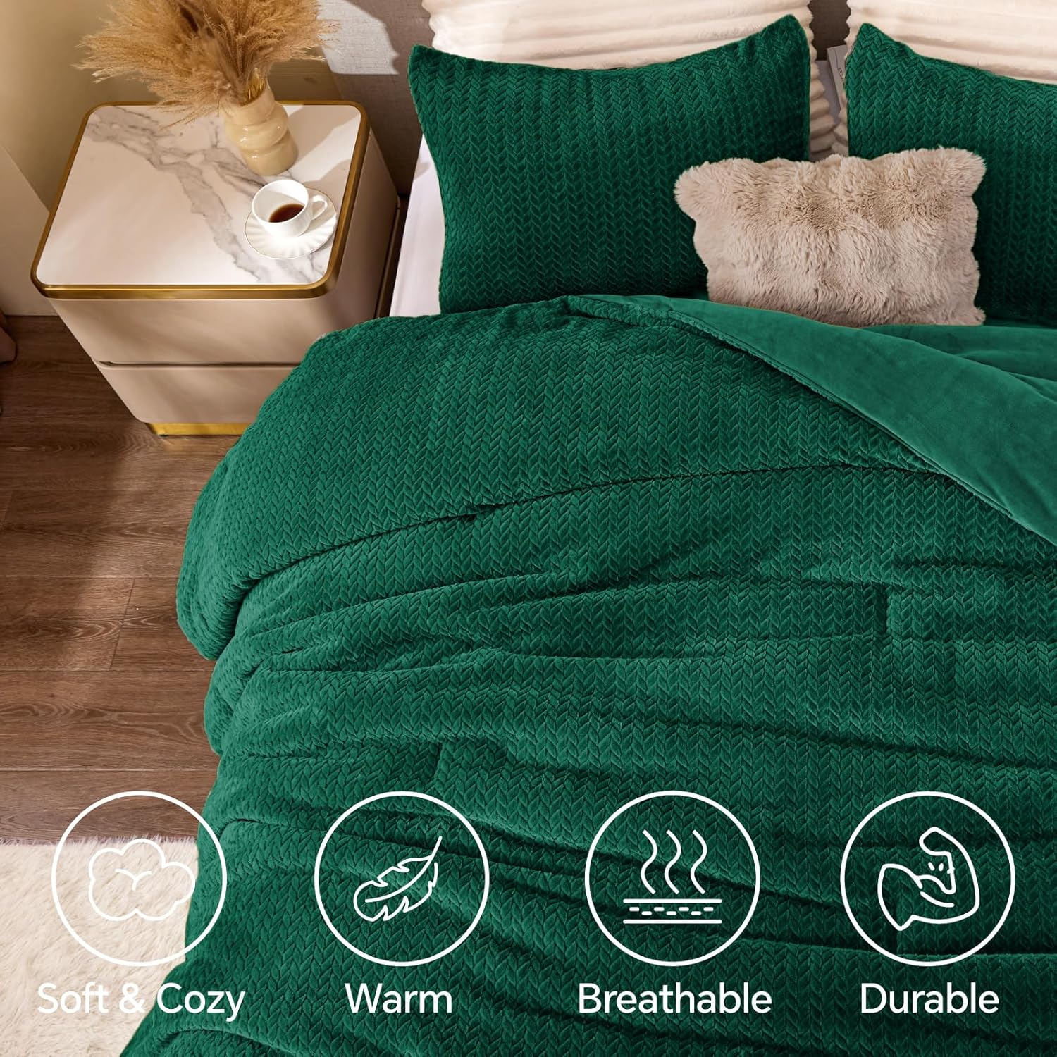 Flannel Fleece Queen Comforter Set - Furry Green Leaves Pattern Faux Fur Bed Set, Winter Ultra Soft Fuzzy Comfort Set, Velvet Bedding Set for Bed with 2 Pillow Cases - Image 3