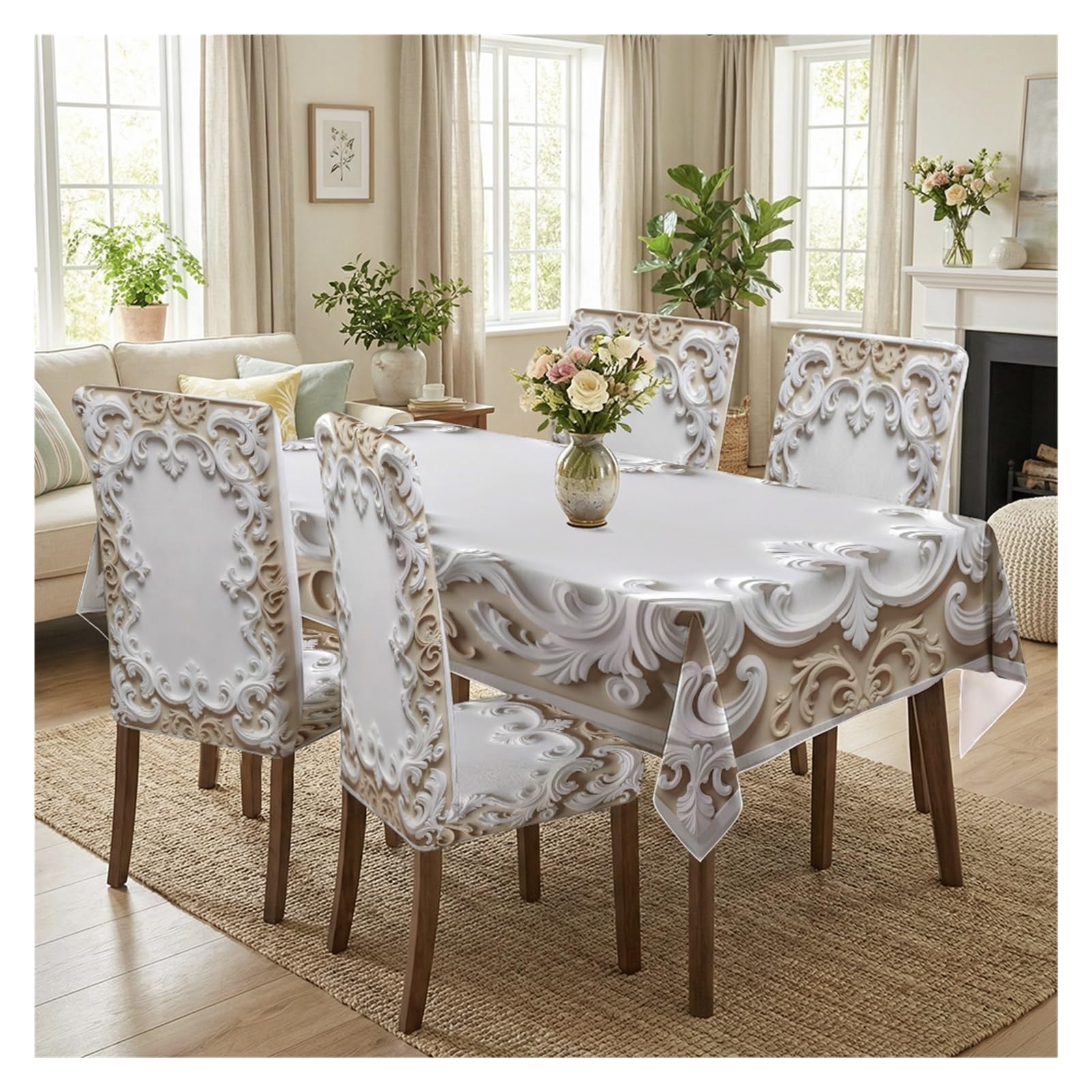 KXUAUV Cream & White Baroque Print Tablecloth & Chair Covers Set, Slipcovers For Dining Room, Kitchen, Luxury & Elegant Decor, 5/7 Pack Party Decor(5pcs Set: Tablecloth+Chair Covers)