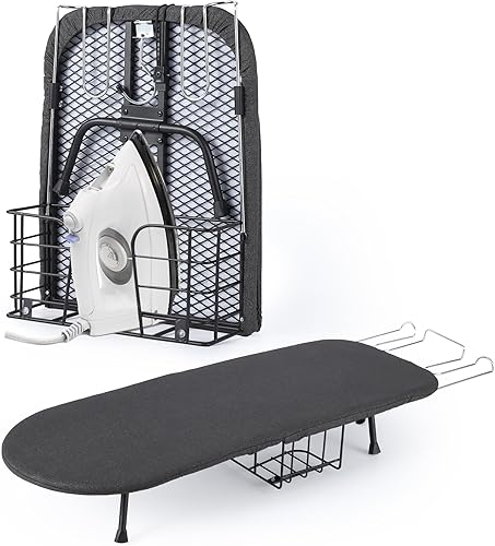 Garvee Tabla de planchar de mesa, pequeña tabla de hierro plegable portátil con soporte de hierro, cesta de almacenamiento, cubierta y almohadilla
