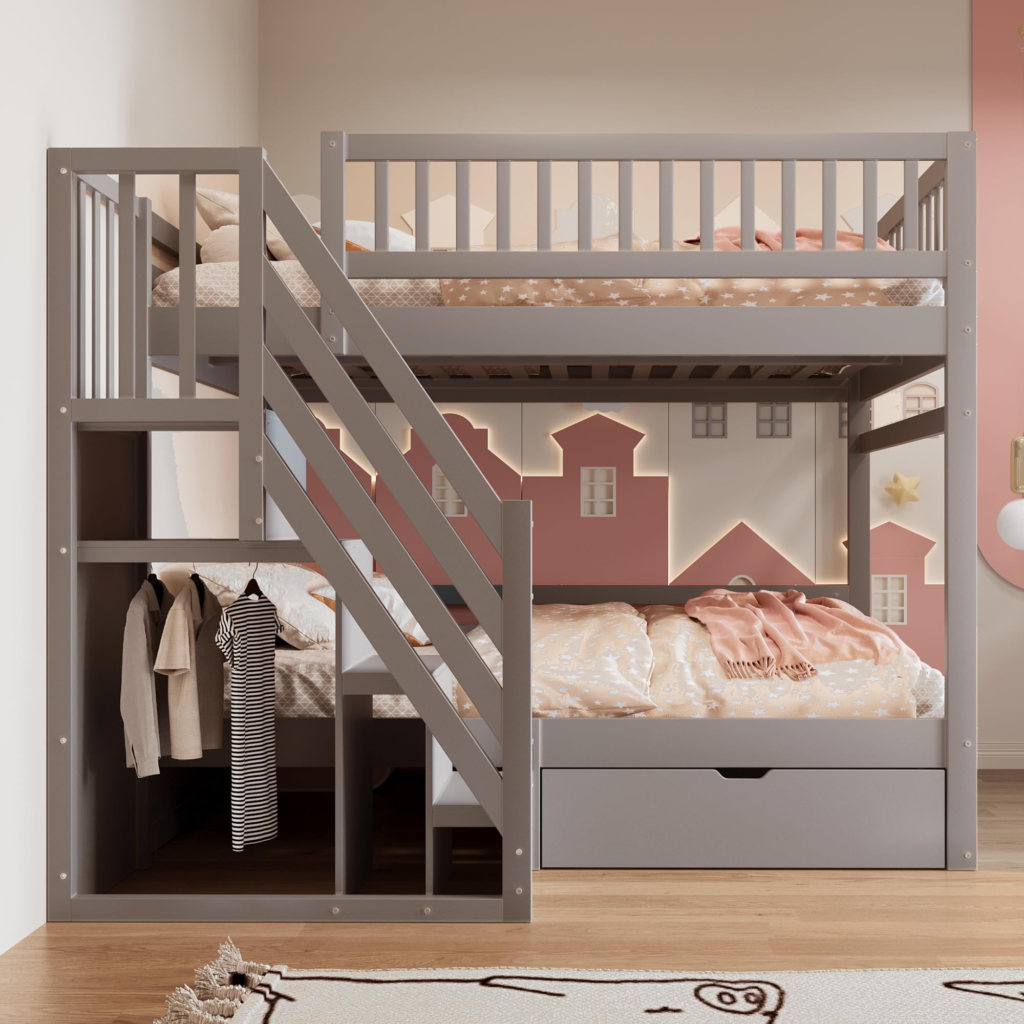 Kinderbett Etagenbett 140x200, Hochbett für 4 Kinder, Stockbett mit Treppe&Aufbewahrungsschrank&Schublade, Holzbett Jugenbett Funktionsbett mit Lattenrost&Rausfallschutz,Kiefernholz,Ohne Matratze,Grau
