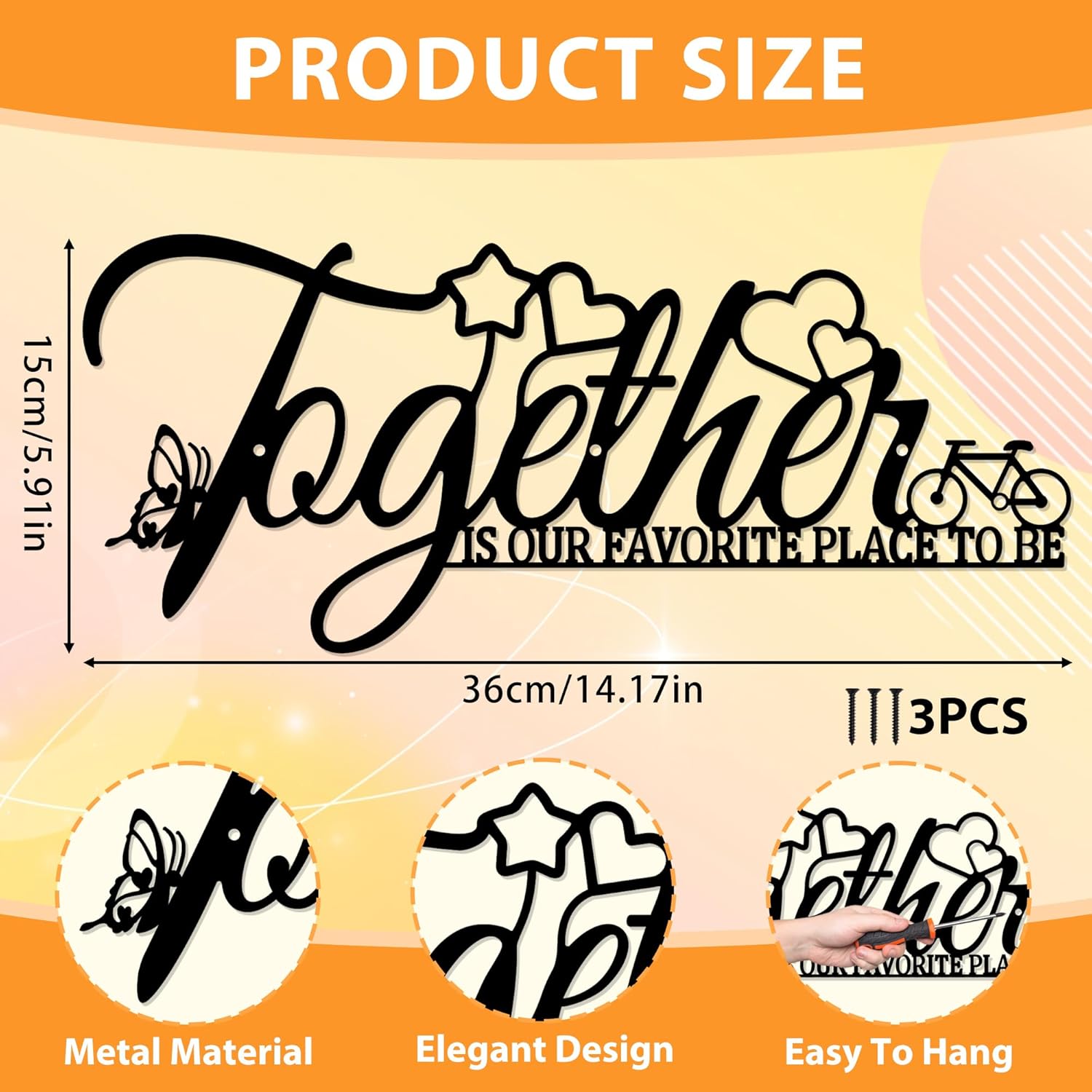 Metal Family Wall Art Inspirational Quotes Wall Decor - Together is Our Favorite Place to Be - Farmhouse Positive Word Hanging Sign Motivational Wall Decoration for Home Living Room Bedroom (Black) - Image 2