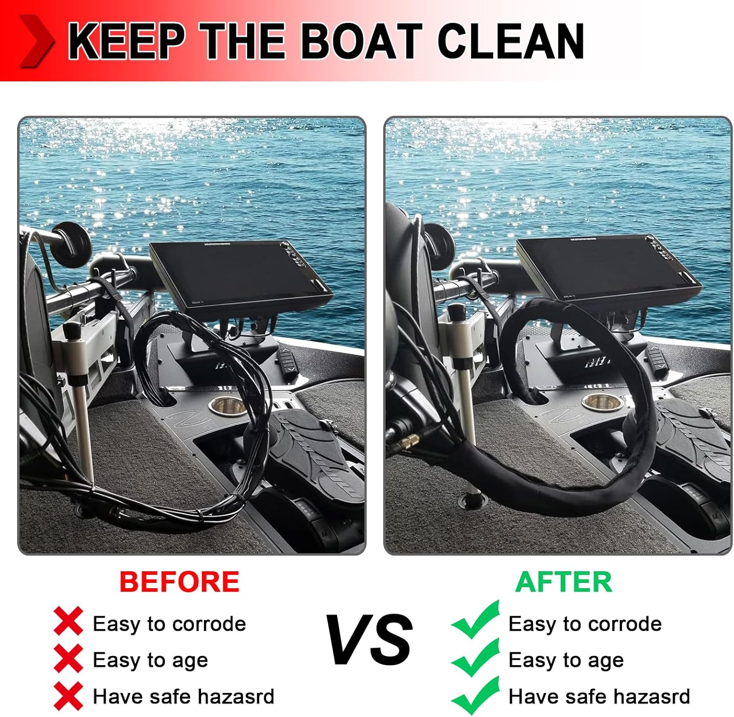 2 PCS Trolling Motor Cable Organizer Sleeve, 60" L Neoprene Troll Sleeve Trolling Motor Wire Cover, Cable Management Sleeve Wrap for Cover Wire and Extension Cords