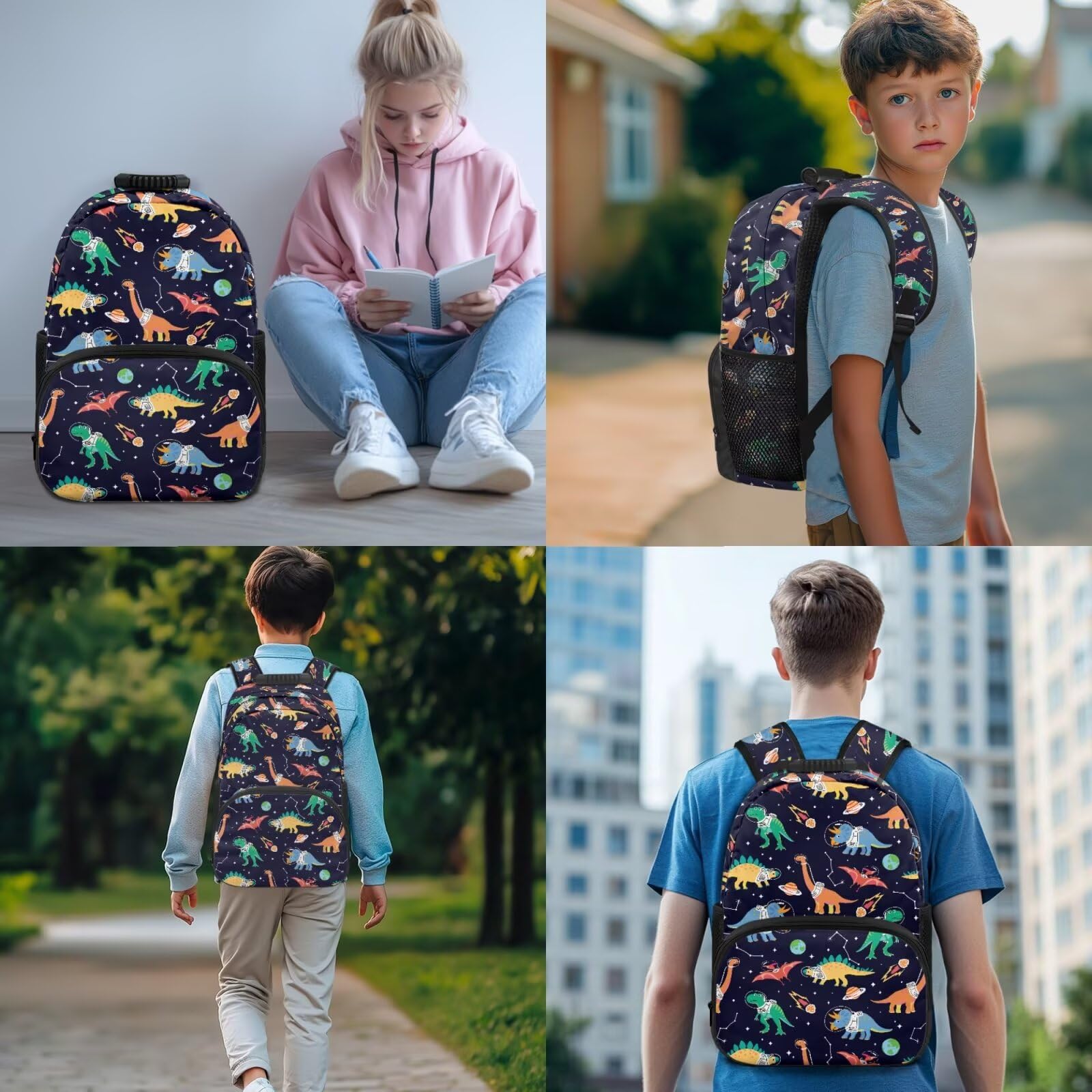 HUGS IDEA Zaino per ragazzi con portapranzo da 43,2 cm, impermeabile, borsa per libri scolastici, astuccio portachiavi 4 in 1, Dinosauro spaziale