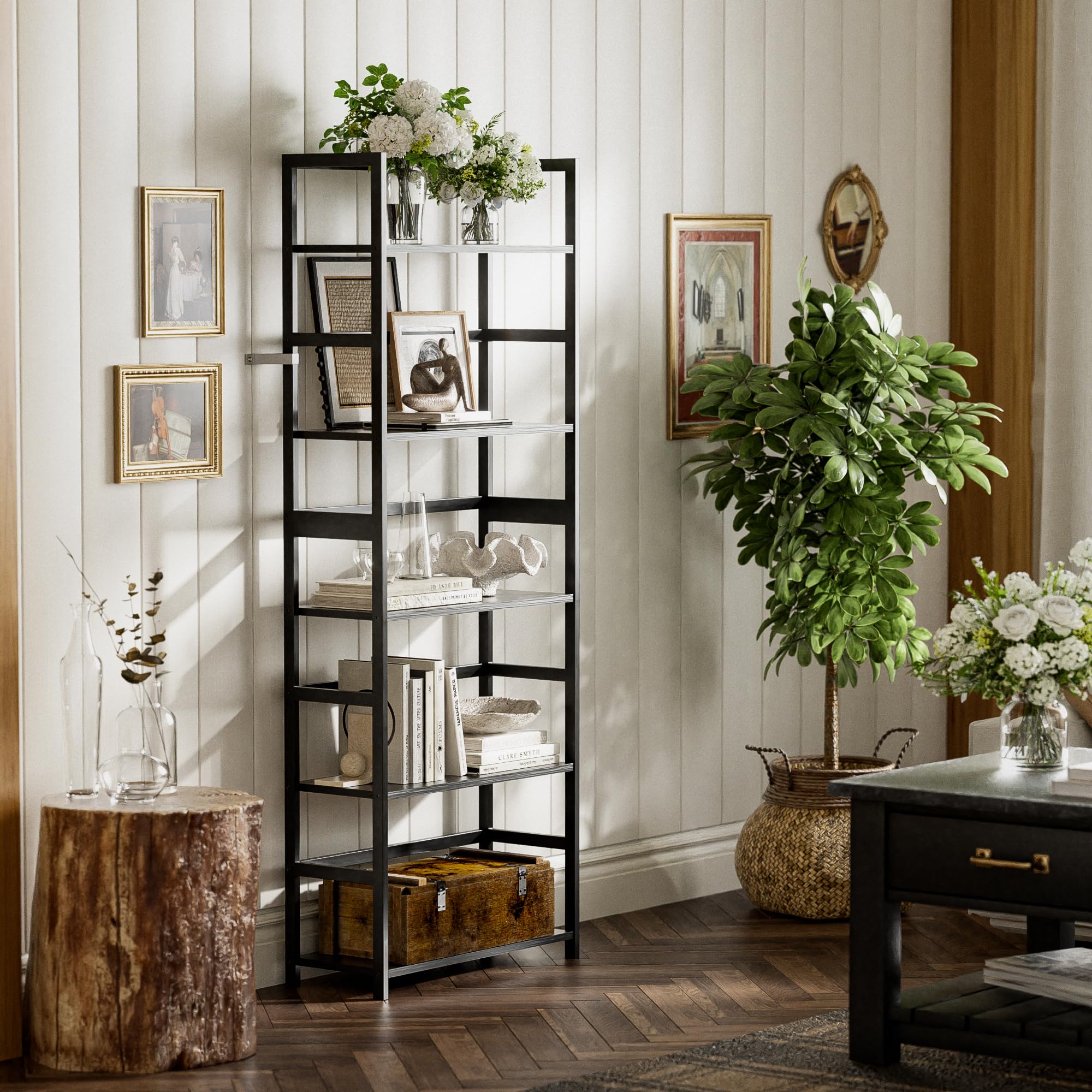 Estantería de Madera de bambú de 5 Niveles, estantería Alta de Almacenamiento, estantería Grande, Organizador Industrial Moderno para el hogar, Oficina, Sala de Estar, Cocina (Negro)
