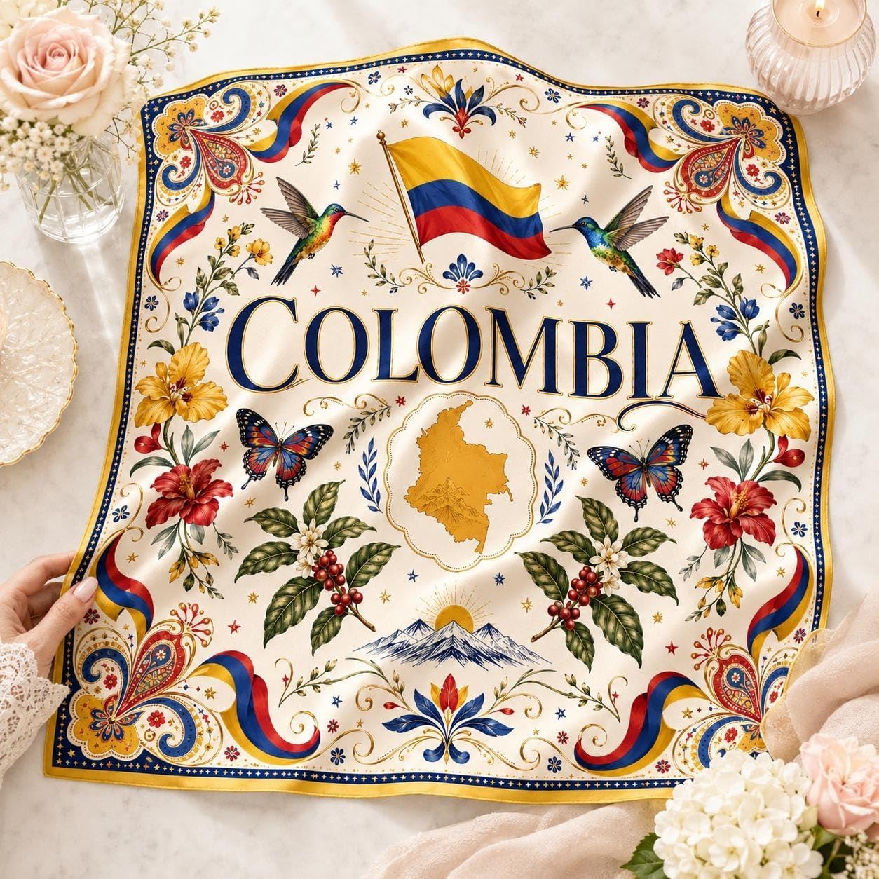 Colombia Satin Hair Scarf for Women, Colombian Bandana Square Head Wrap, Neck Scarf for Hair or Bag, Heritage Festival Outfit