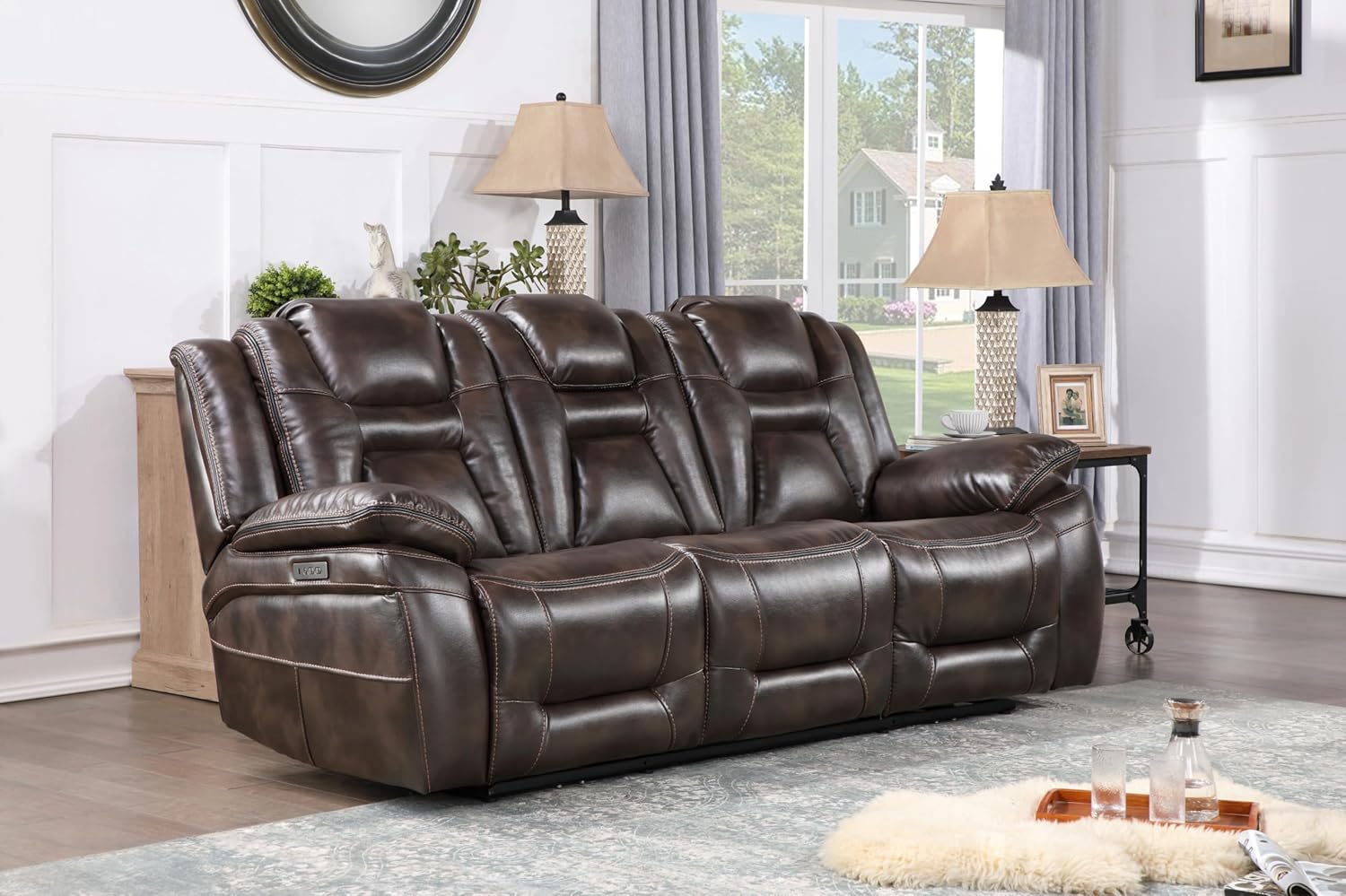 Oportuna Brown Faux Leather Power Reclining Sofa with Cup Holders
