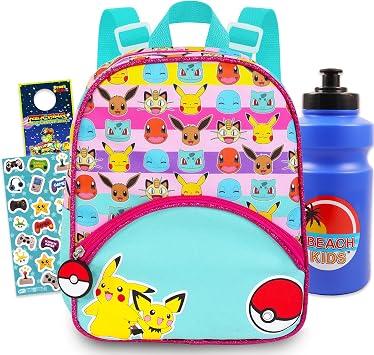 Nintendo Pokemon Mini Backpack Bundle - 11 Canvas Backpack with Front Pocket, Water Bottle, More | Pokemon Backpack Purse Set for Girls