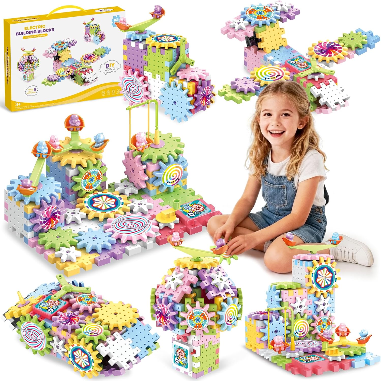 Electric Gear Building Blocks Set for Kids 3-8 with Motor | 165 Pcs PP+ABS gear blocks, Battery or manual mode, Build cars, planes, robots & more, STEM toy for ages 3-8