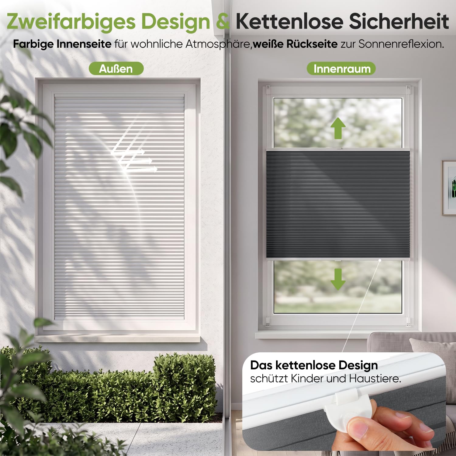 SALCAR Wabenplissee ohne Bohren Verdunkelung, Thermo Doppelplissee Klemmfix Up & Down, Hitze- & Schallschutz Plissee Faltrollo für Fenster und Türen, Zweifarbig (Weiß/Anthrazit), B 100 x H 120 cm