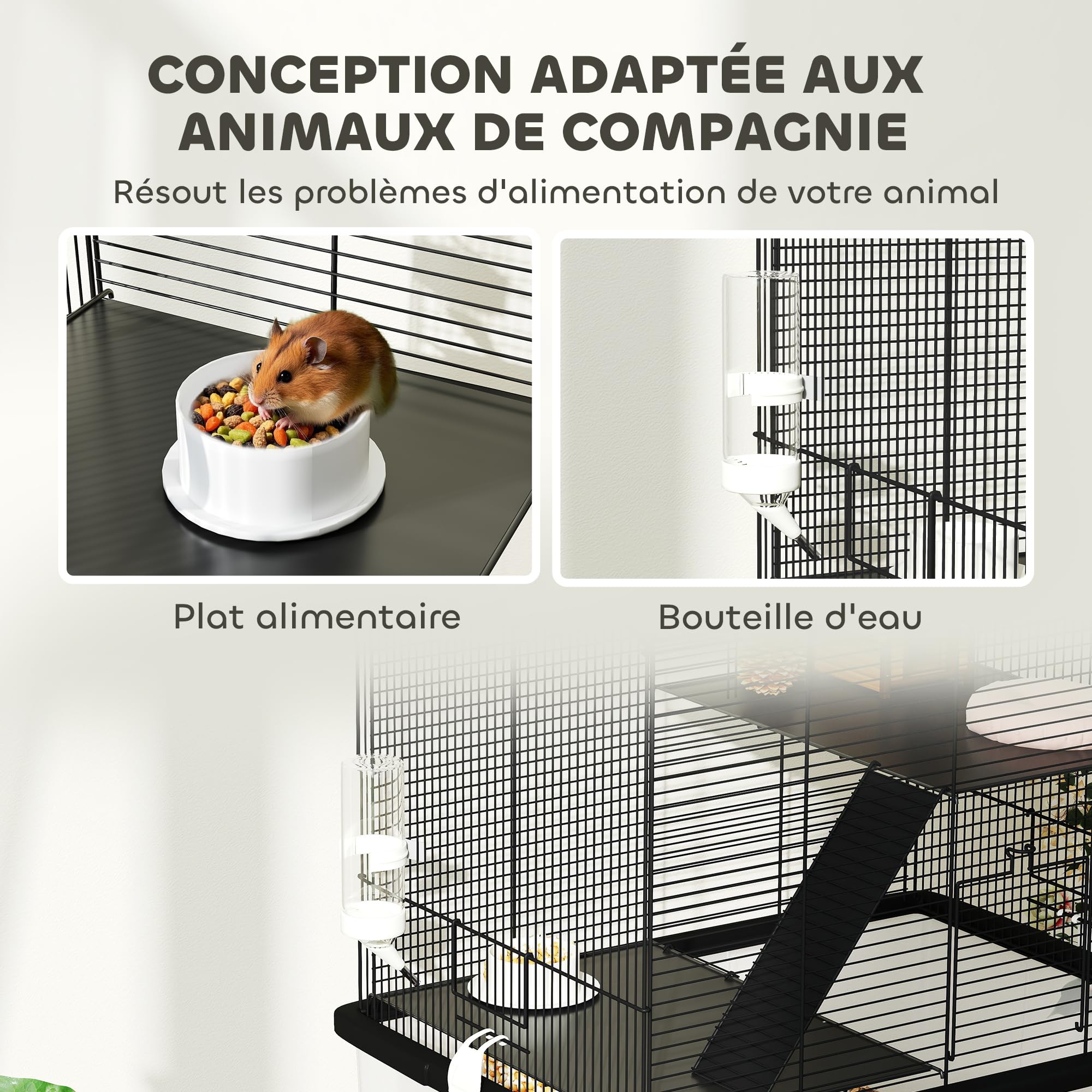 PawHut Cage Hamster, Cage Rongeur, 3 étages, avec roulettes, 2 Plate-Forme et 2 échelle, c, en Fil d'acier, 57 x 43 x 74 cm, Noir