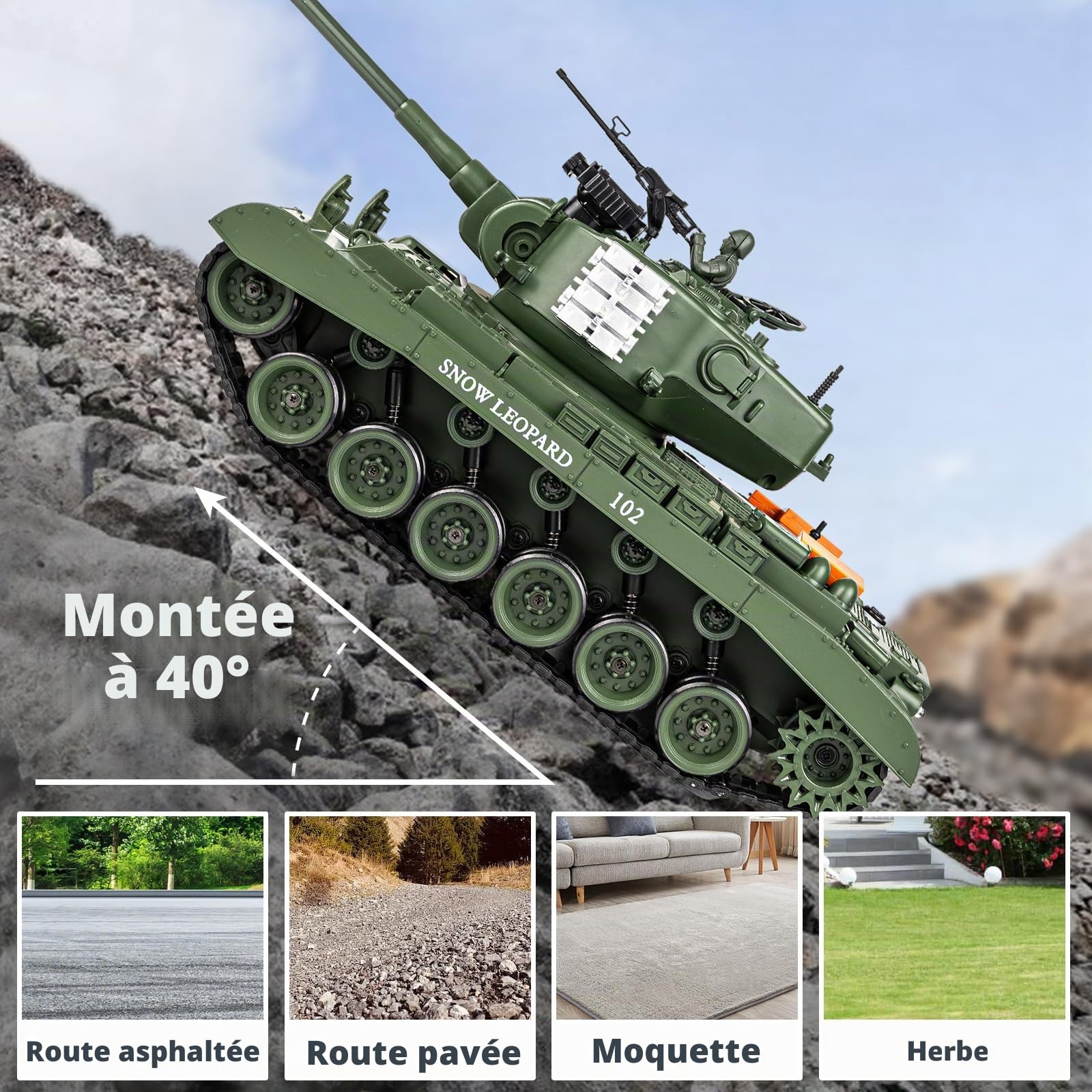Supdex Tank Telecommande US M26, Char Télécommandé 1/18, Vert Armée Réservoir Télécommandé 2.4Ghz, Maquette Char Jouets avec Fumée, LumièRes, Réservoir Tir, Recul pour Enfants et Adultes