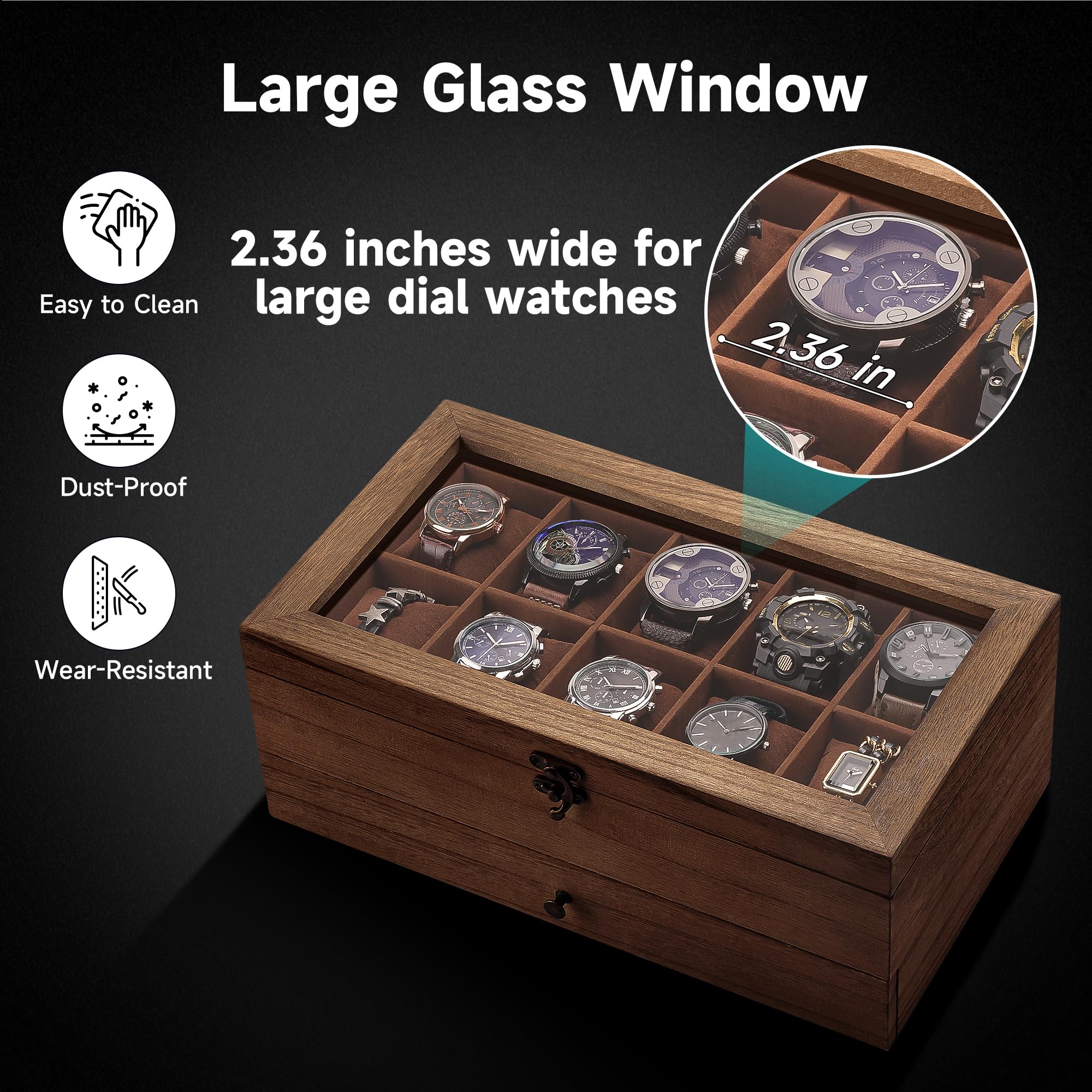 Caja de reloj con 10 ranuras, caja de reloj de 2 niveles para relojes de esfera grande, vitrina de reloj con tapa, almohadas de reloj extraíbles, regalos para hombres y mujeres, organizador