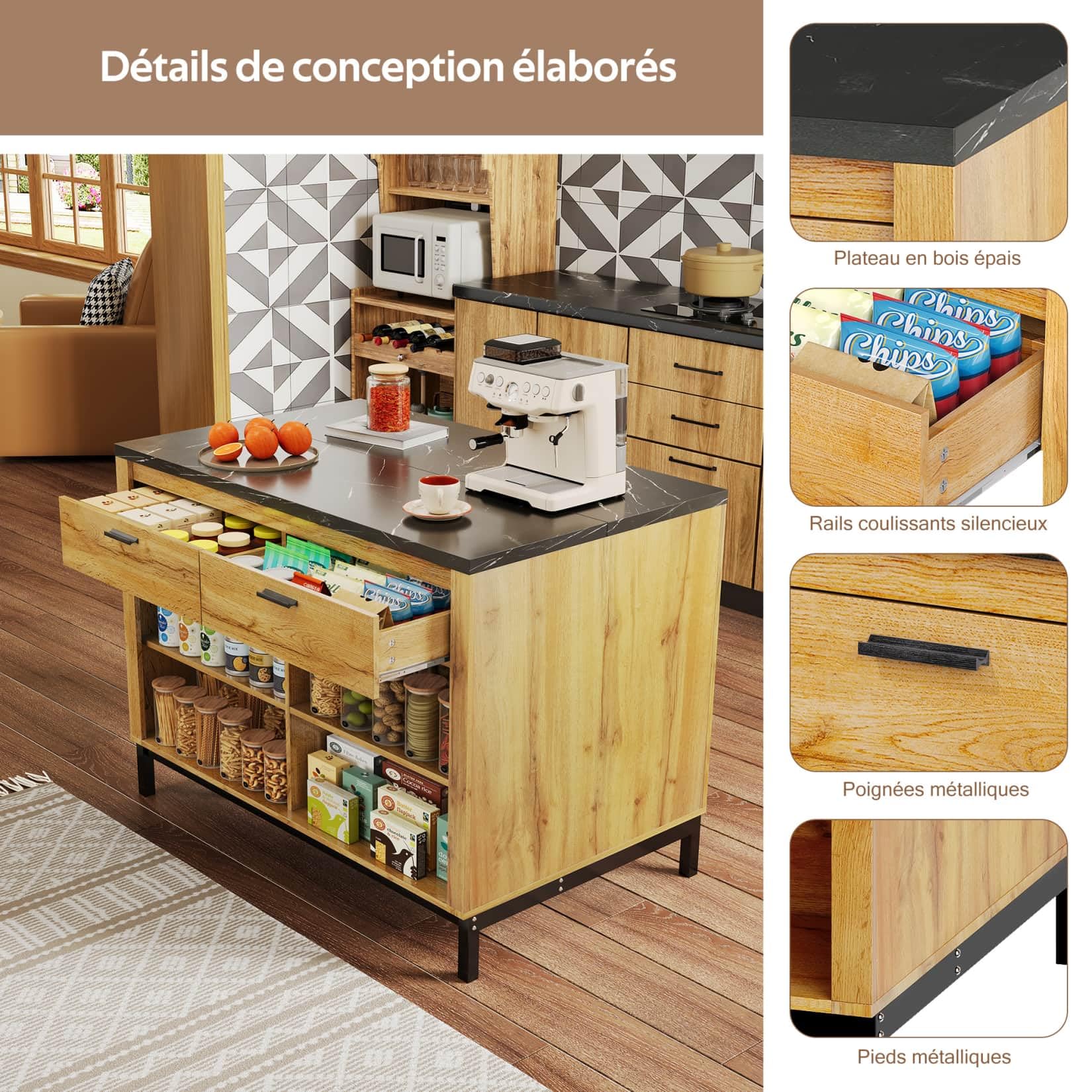 PUGSDRLY Îlot Central Cuisine 120x75x90 cm,Meuble de Cuisine,Buffet Salle a Manger avec Plan de Travail de Marbre Noir,2 Tiroirs,4 étagères Ouvertes,pour Salles à Manger(E-Natuel)