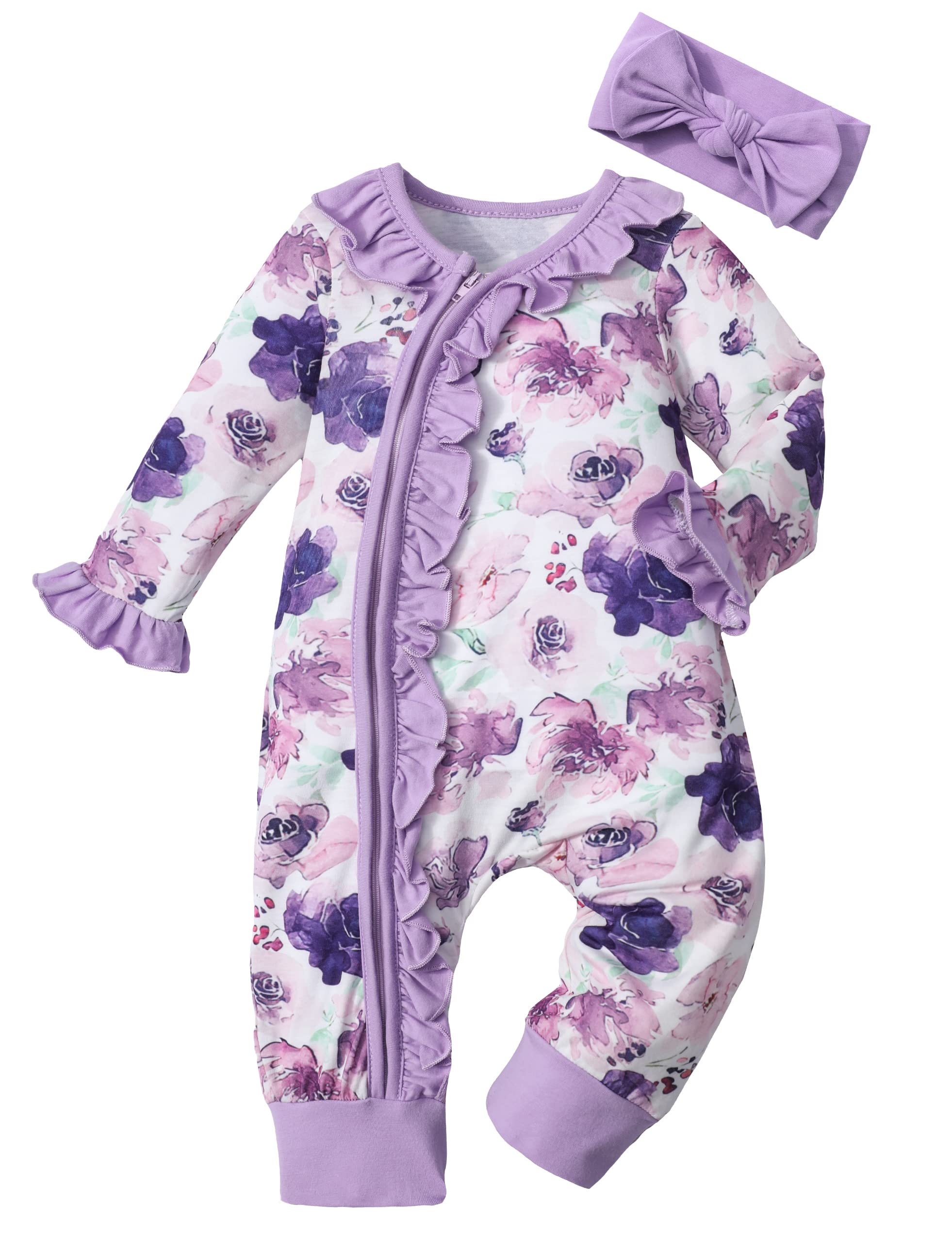 Infant Newborn Baby Girl Clothes Onesies for Baby Girl Long Sleeve Ruffle Baby Clothes with Headband