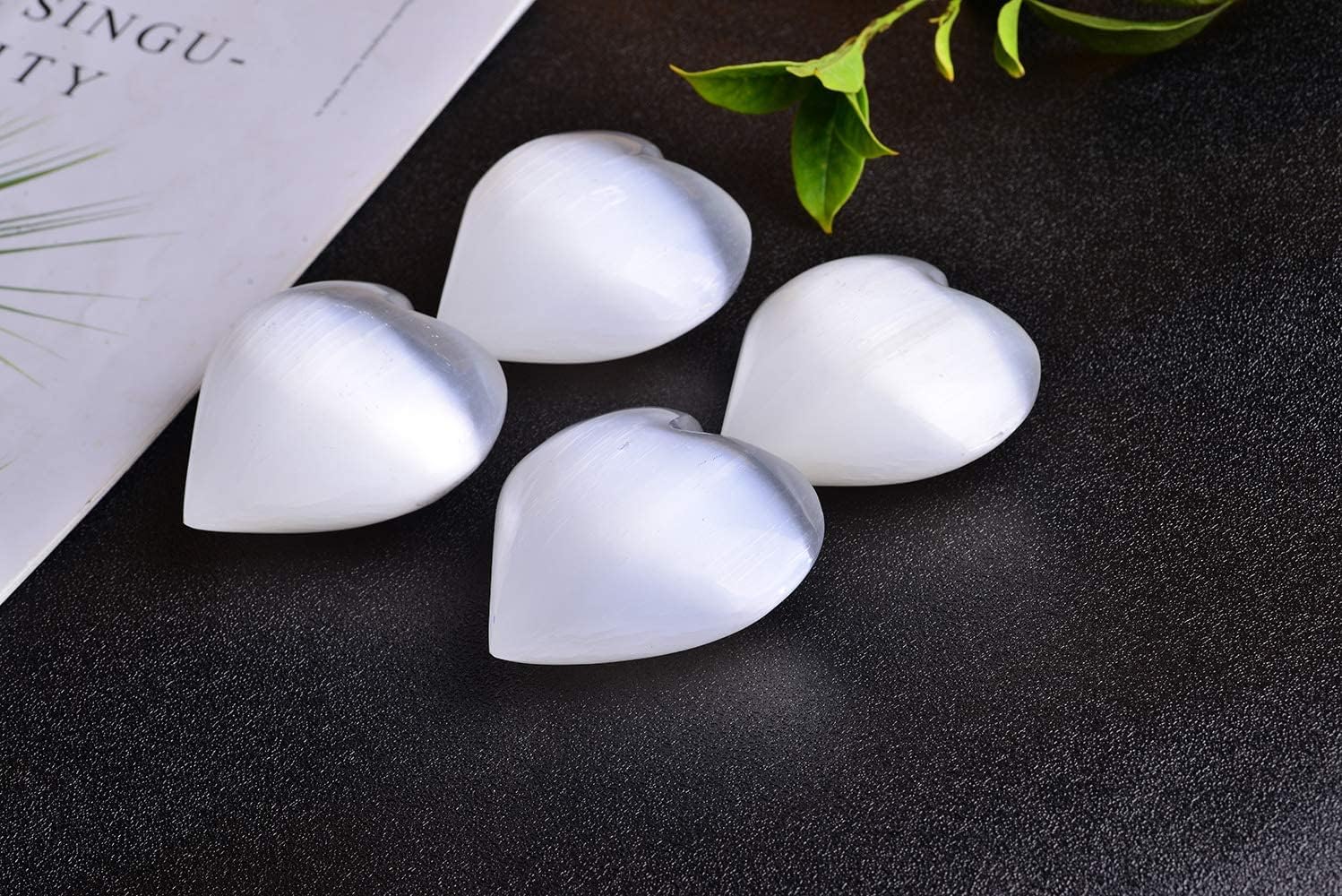 AMOYSTONE Selenite Crystal Hearts of Palm Worry Stone Crystal and Healing Stones Home Decoration 2PCS