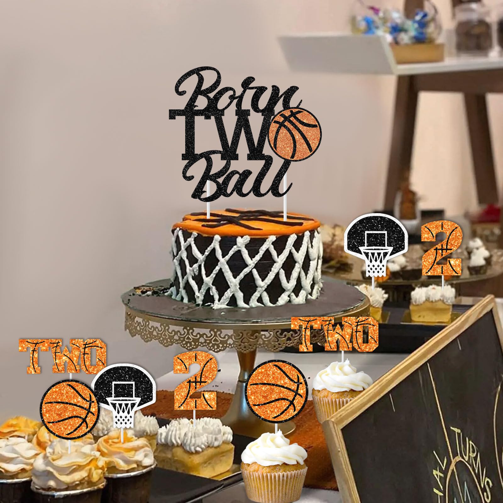 Sursurprise Basketball Birthday Party Decorations, 25Pcs Born 2 Ball Cake Topper, Basketball Cupcake Toppers, Sports Party Supplies for Boys 2nd Birthday