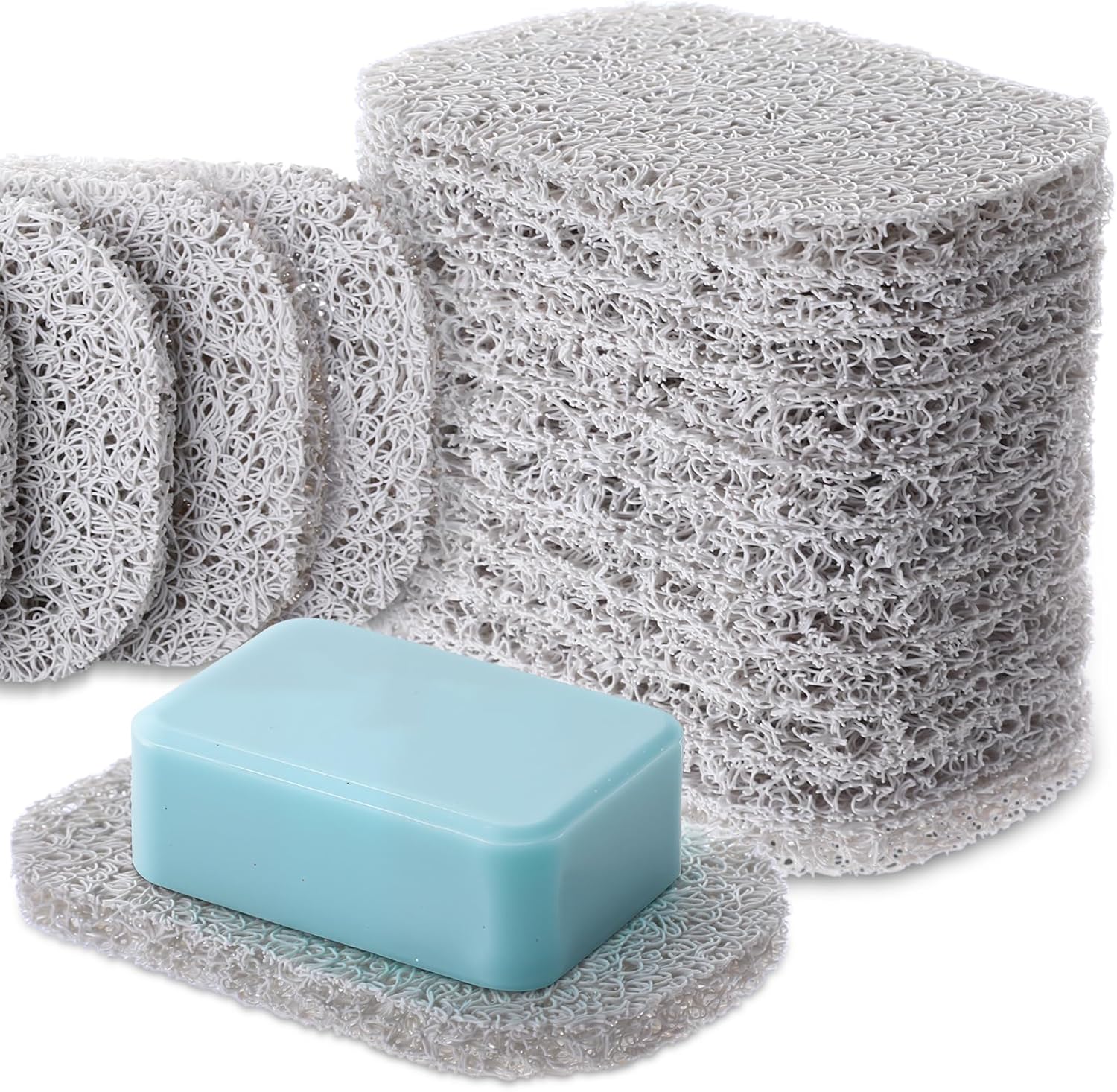 PerKoop 50 Pcs Soap Savers Pads Bulk for Small Business Handmade Soap Dish Holder Self Draining Lift Mat for Gift Packaging Display Shower Favors Kitchen Bar Bathroom Travel Hotel (White)