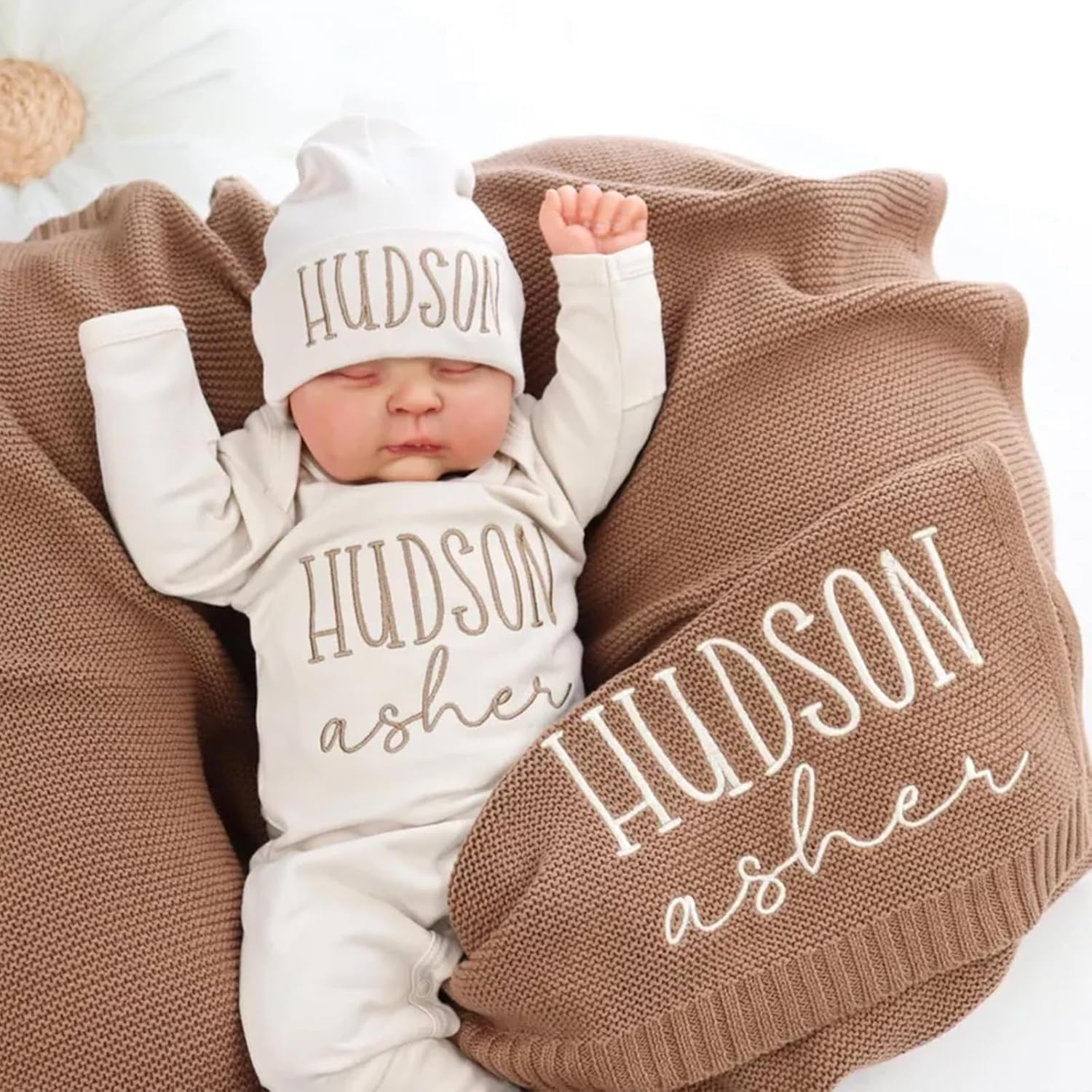 Baby Outfit Set with Cotton Knit Blanket, Personalized Matching Bodysuit and Hat with Embroidered Name,Romper with Blanket Newborn Gift for Baby Shower or Homecoming - Image 8