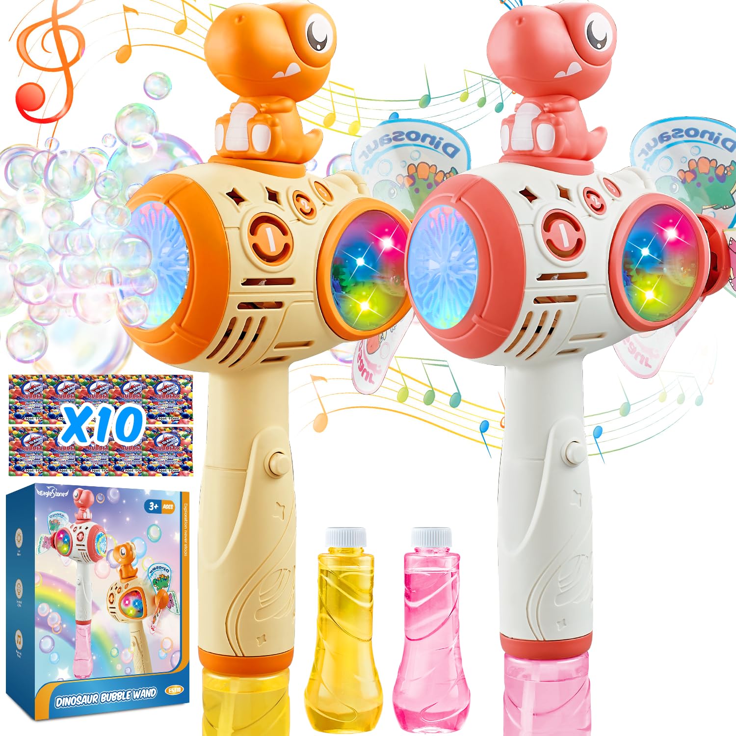 EagleStone Dinosaur Bubble Wands for Kids Toddlers 2 Packs, Automatic Bubble Machine Gun, Light & Music Bubble Blower Maker with 2 Windmill, 3 4 5 6 Year Old Boy Girl Birthday Gift Outdoor Party Toys